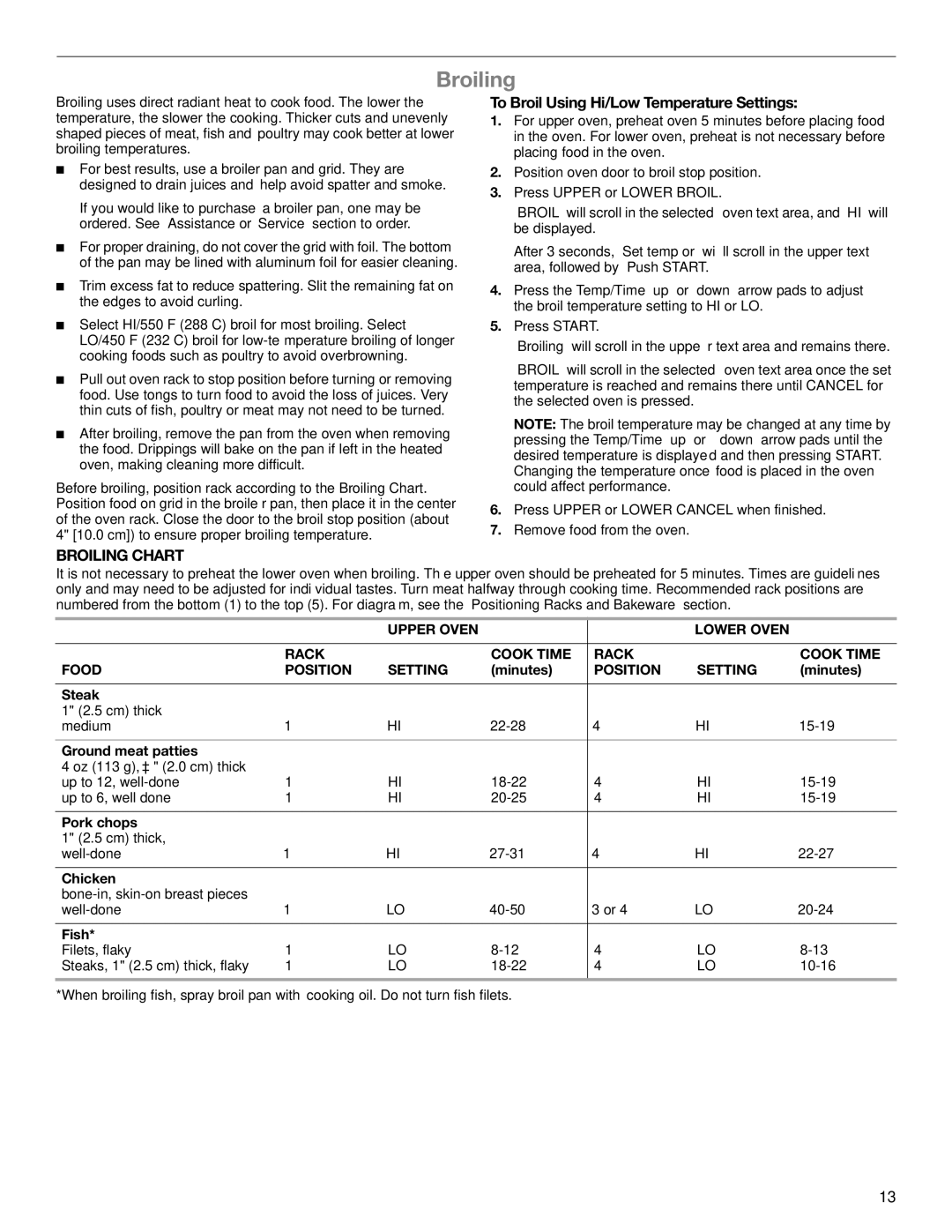 Whirlpool GGG388LXB, GGG390LXB, GGG388LXS To Broil Using Hi/Low Temperature Settings, Broiling Chart, Position Setting 