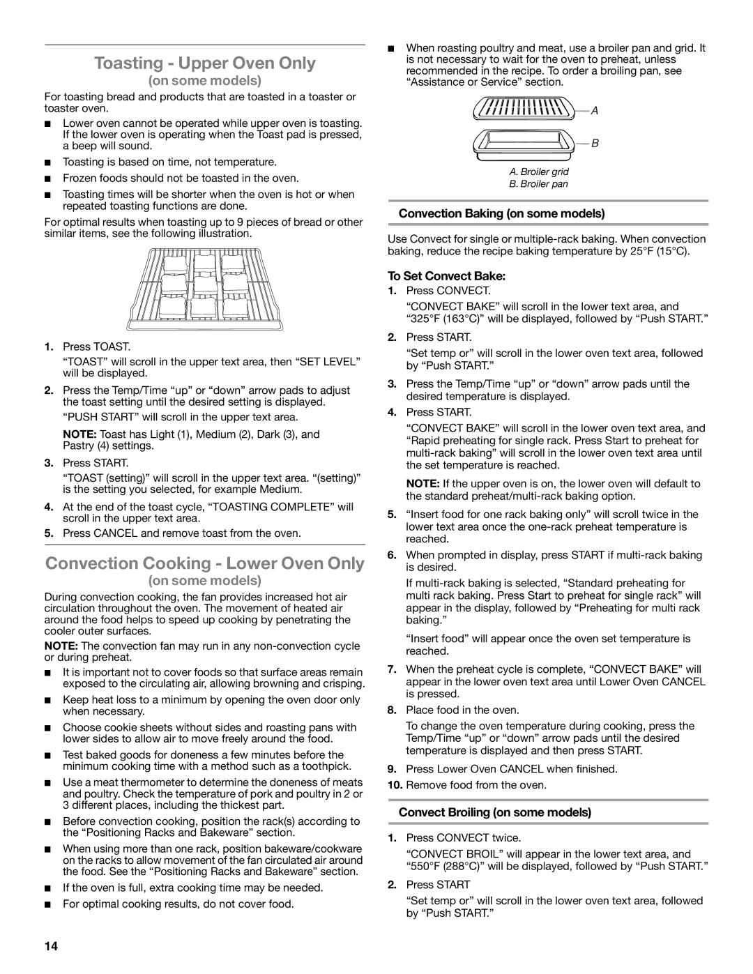 Whirlpool GGG390LXQ manual Toasting Upper Oven Only, Convection Cooking Lower Oven Only, Convection Baking on some models 