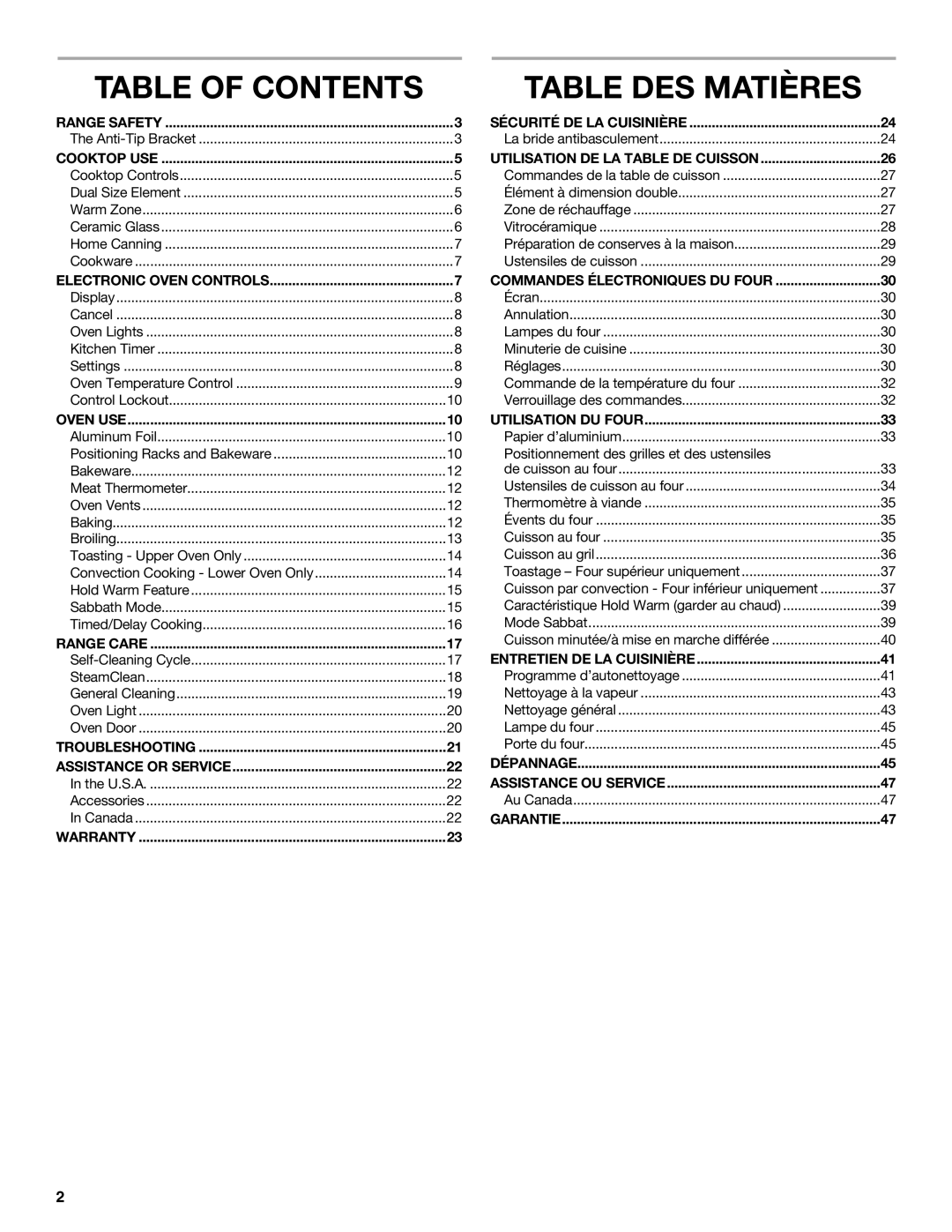 Whirlpool GGE388LXS, GGG390LXB, GGG388LXS, GGE388LXQ, GGG388LXQ, GGG388LXB, GGG390LXQ Table of Contents, Table DES Matières 