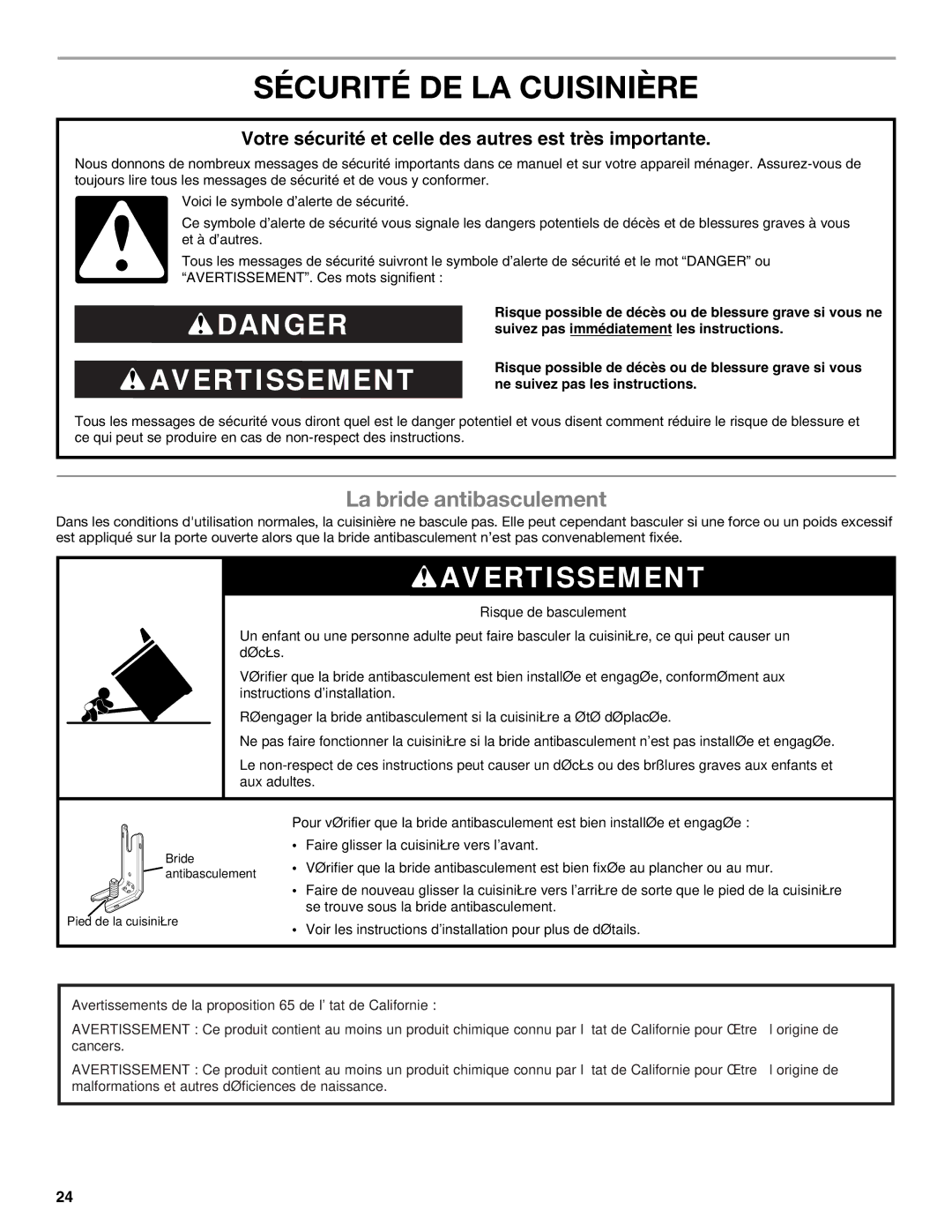 Whirlpool GGG390LXB, GGG388LXS, GGE388LXS, GGE388LXQ, GGG388LXQ, GGG388LXB Sécurité DE LA Cuisinière, La bride antibasculement 