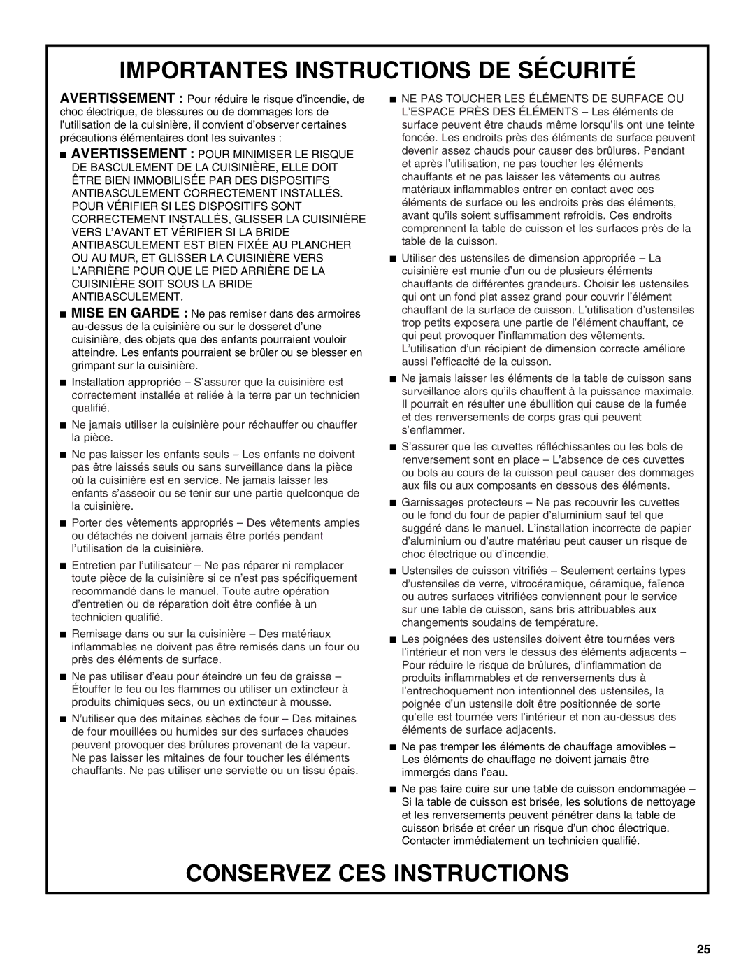 Whirlpool GGG388LXS, GGG390LXB, GGE388LXS, GGE388LXQ, GGG388LXQ, GGG388LXB, GGG390LXQ, GGG390LXS manual Conservez CES Instructions 