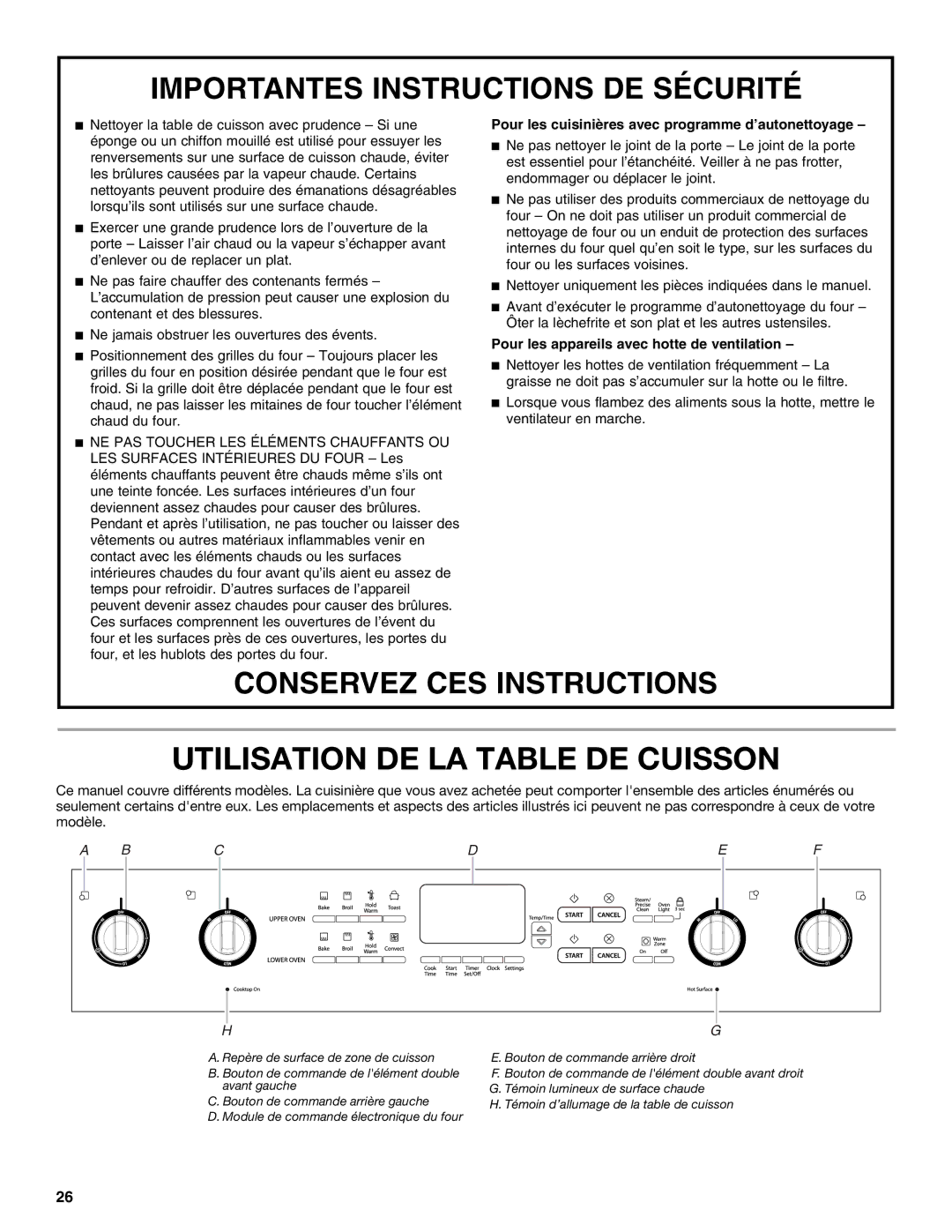 Whirlpool GGE388LXS, GGG390LXB Utilisation DE LA Table DE Cuisson, Pour les cuisinières avec programme d’autonettoyage 