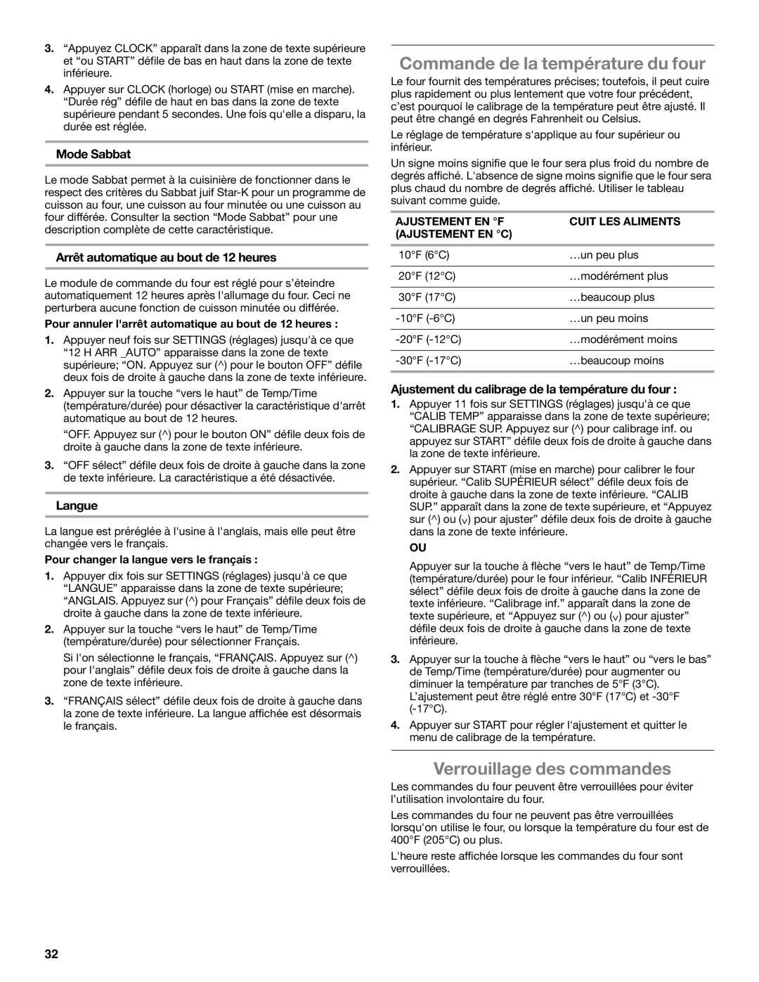 Whirlpool GGG390LXB, GGG388LXS, GGE388LXS, GGE388LXQ manual Commande de la température du four, Verrouillage des commandes 