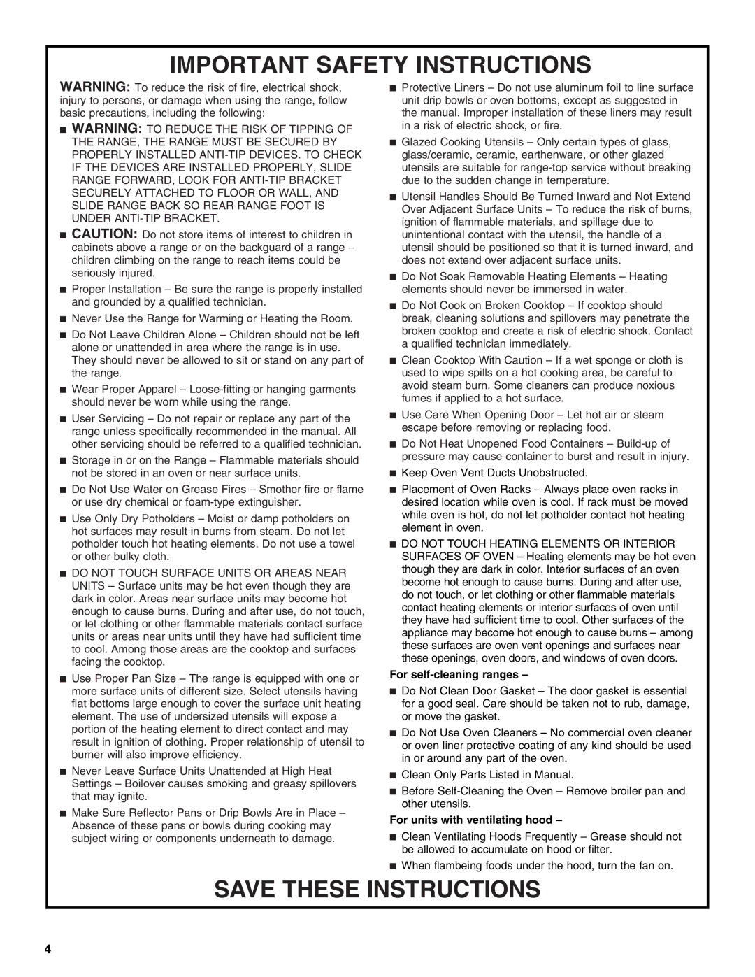 Whirlpool GGG388LXQ, GGG390LXB, GGG388LXS, GGE388LXS, GGE388LXQ, GGG388LXB, GGG390LXQ, GGG390LXS Important Safety Instructions 