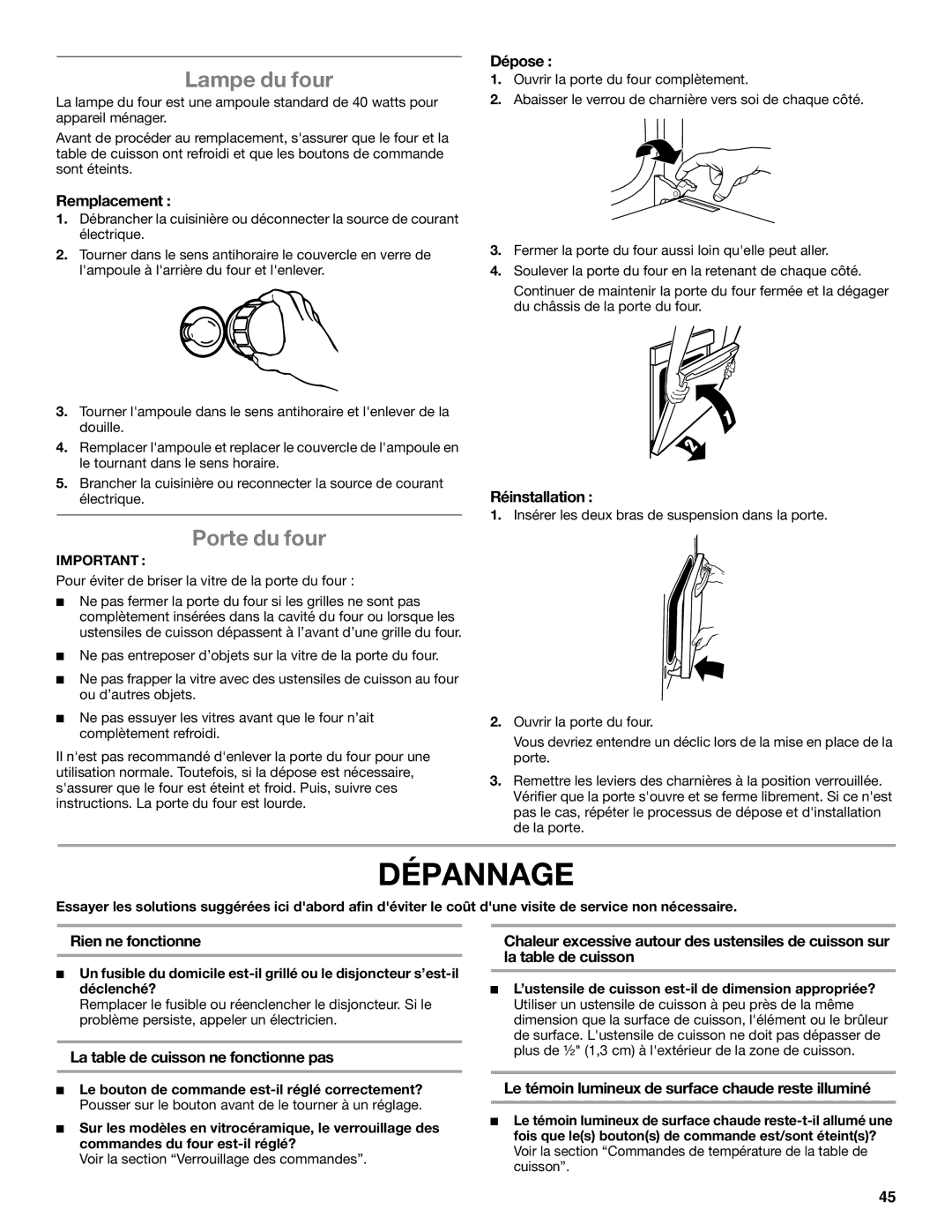 Whirlpool GGG388LXB, GGG390LXB, GGG388LXS, GGE388LXS, GGE388LXQ, GGG388LXQ, GGG390LXQ Dépannage, Lampe du four, Porte du four 