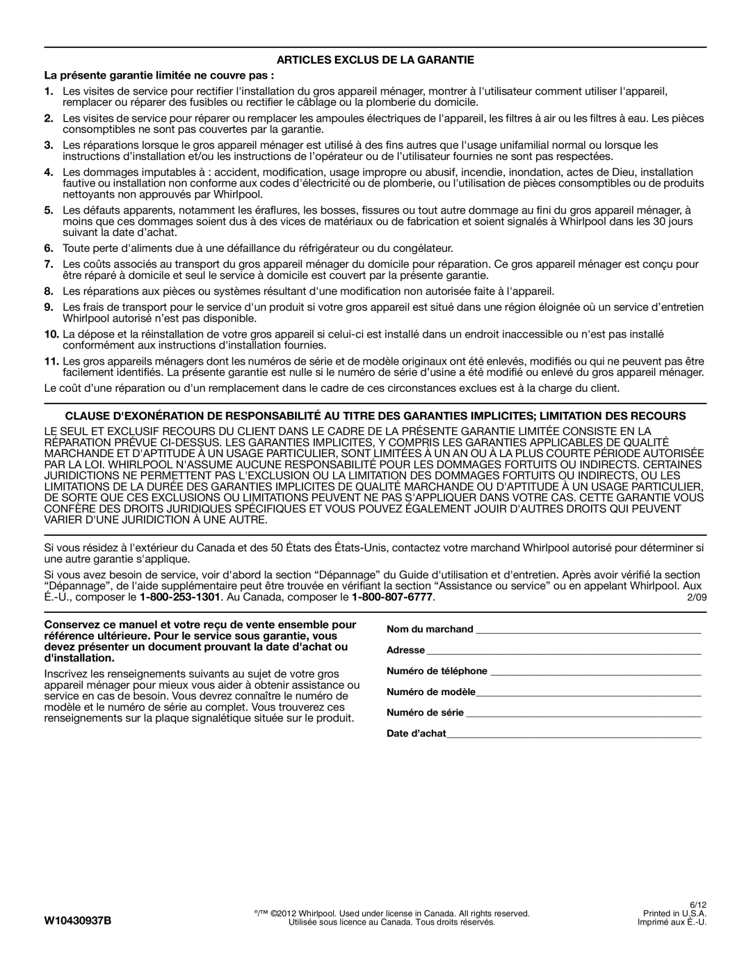 Whirlpool GGG390LXB, GGG388LXS manual Articles Exclus DE LA Garantie, La présente garantie limitée ne couvre pas, W10430937B 