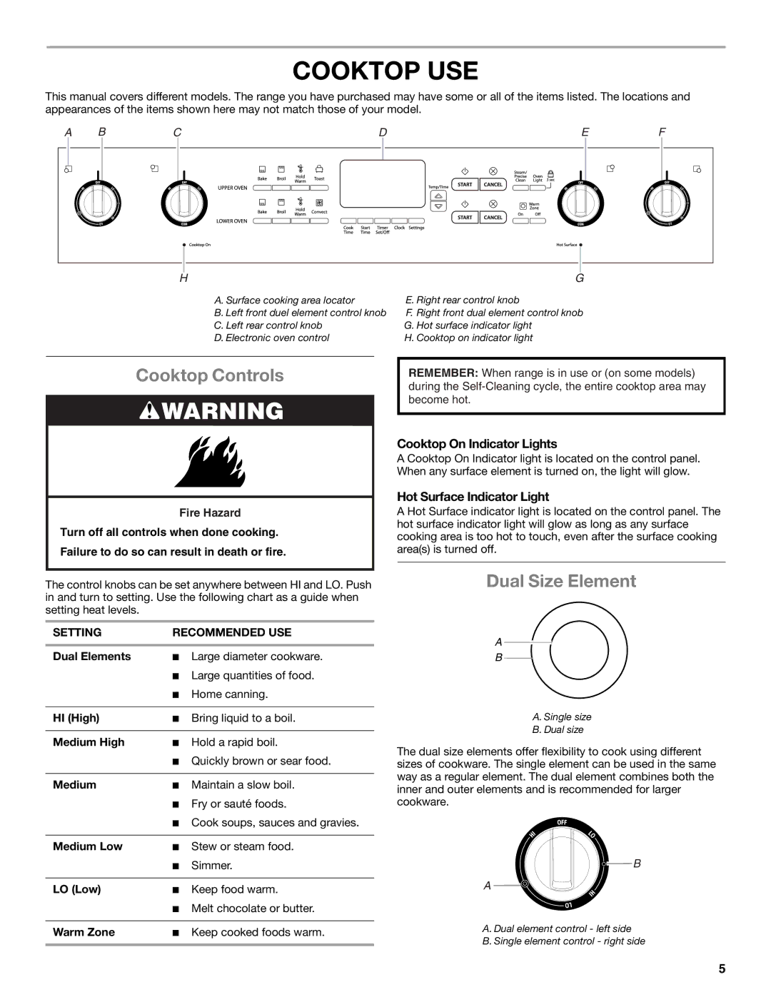 Whirlpool GGG388LXB, GGG390LXB, GGG388LXS Cooktop USE, Cooktop Controls, Dual Size Element, Cooktop On Indicator Lights 