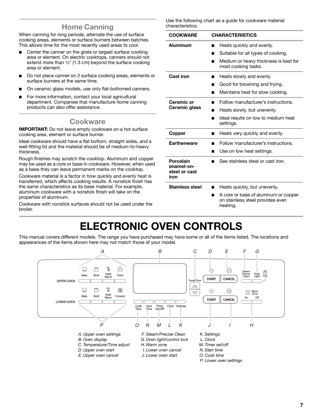 Whirlpool GGG390LXS, GGG390LXB, GGG388LXS, GGE388LXS Electronic Oven Controls, Home Canning, Cookware Characteristics 