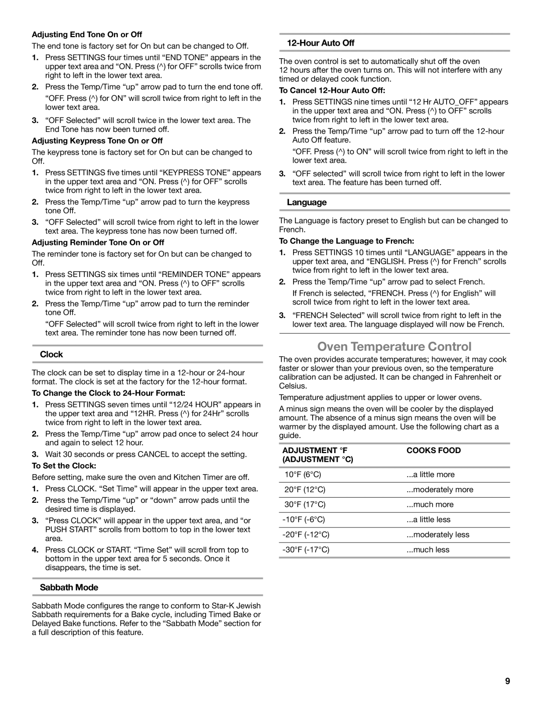 Whirlpool GGG388LXS, GGG390LXB, GGE388LXS, GGE388LXQ Oven Temperature Control, Clock, Sabbath Mode, Hour Auto Off, Language 