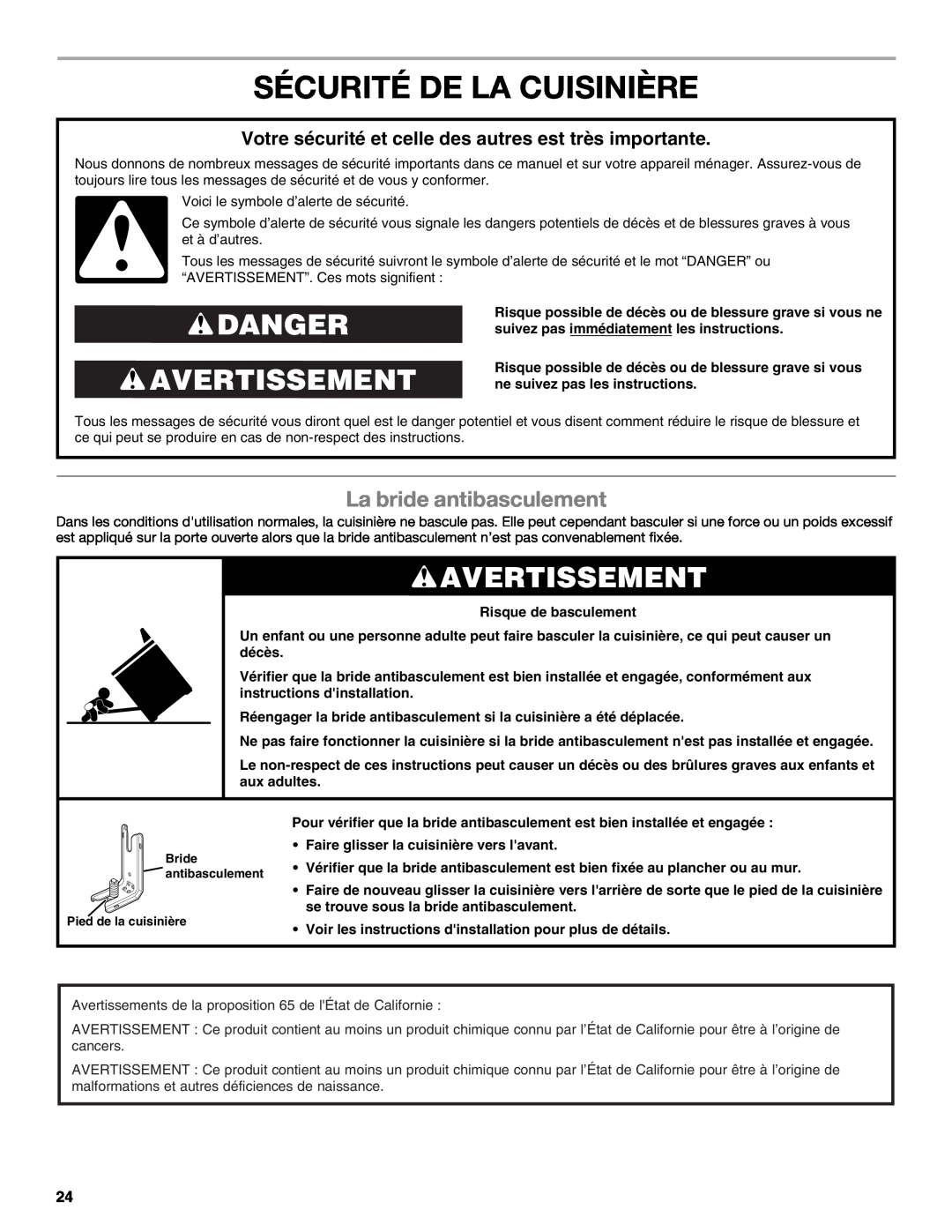 Whirlpool GGG390LXB manual Sécurité De La Cuisinière, Danger Avertissement, La bride antibasculement, Risque de basculement 