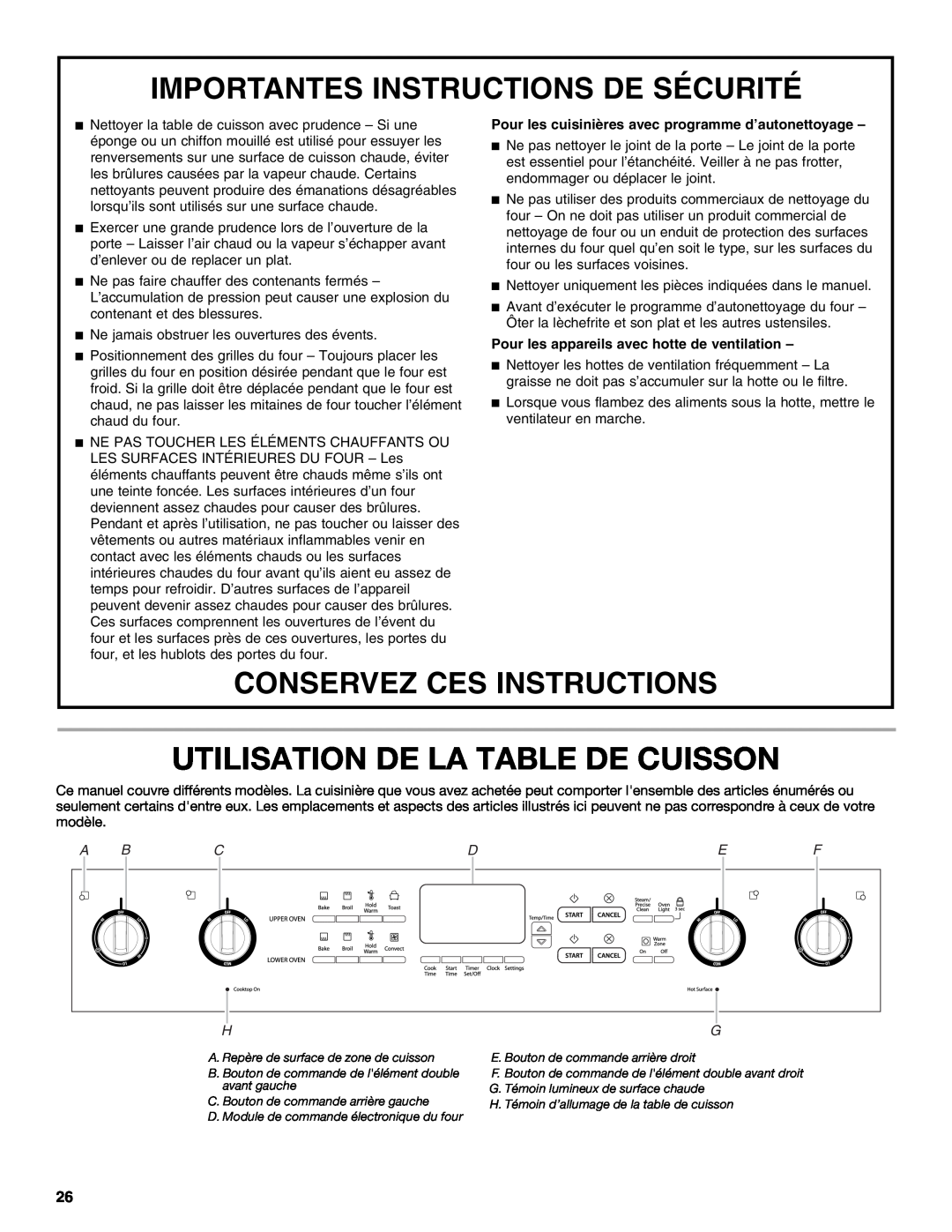 Whirlpool GGE388LXS, GGG390LXB Utilisation De La Table De Cuisson, Pour les cuisinières avec programme d’autonettoyage 