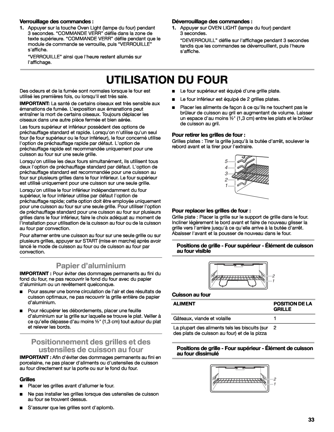 Whirlpool GGG388LXS Utilisation Du Four, Papier d’aluminium, Verrouillage des commandes, Déverrouillage des commandes 