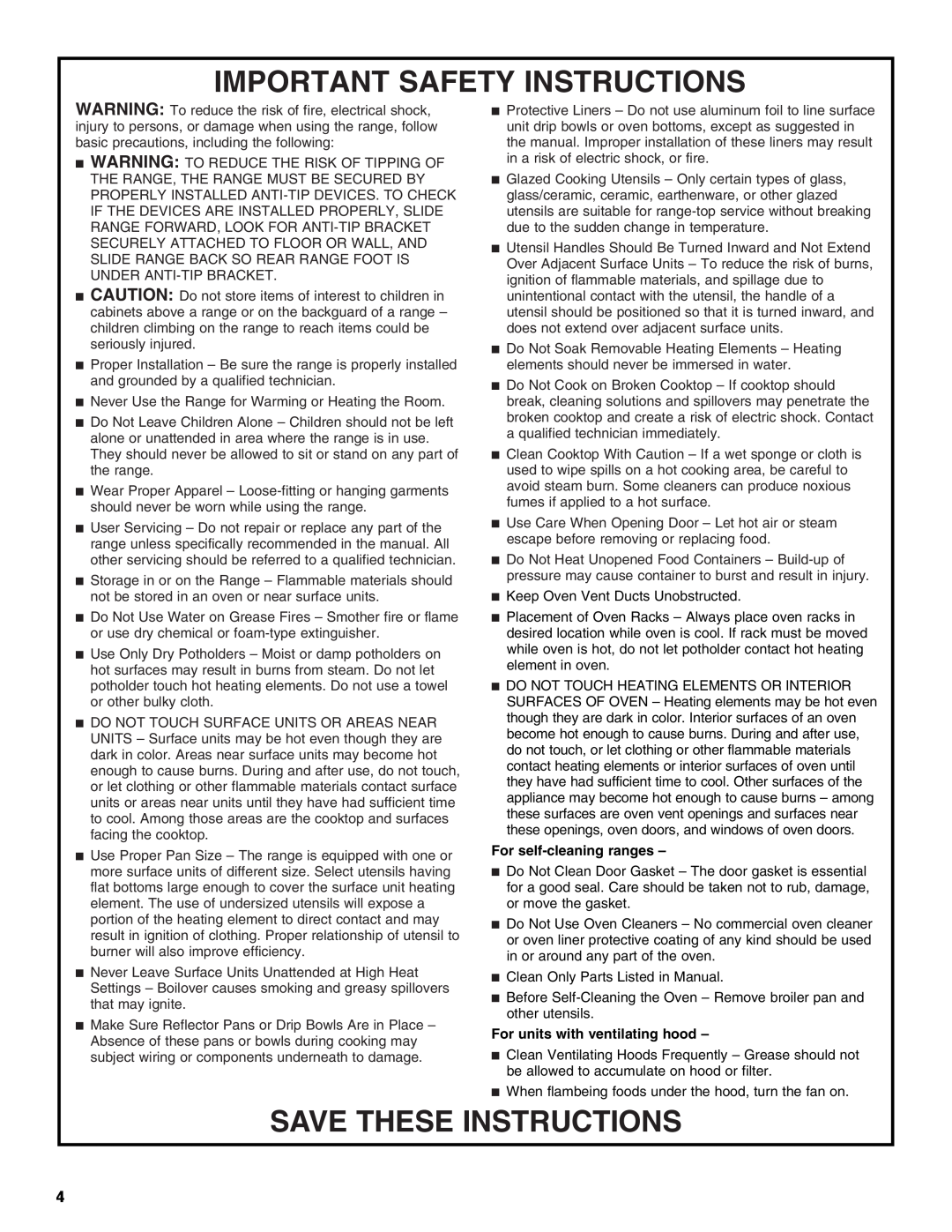 Whirlpool GGG388LXQ, GGG390LXB, GGG388LXS Important Safety Instructions, Save These Instructions, For self-cleaning ranges 