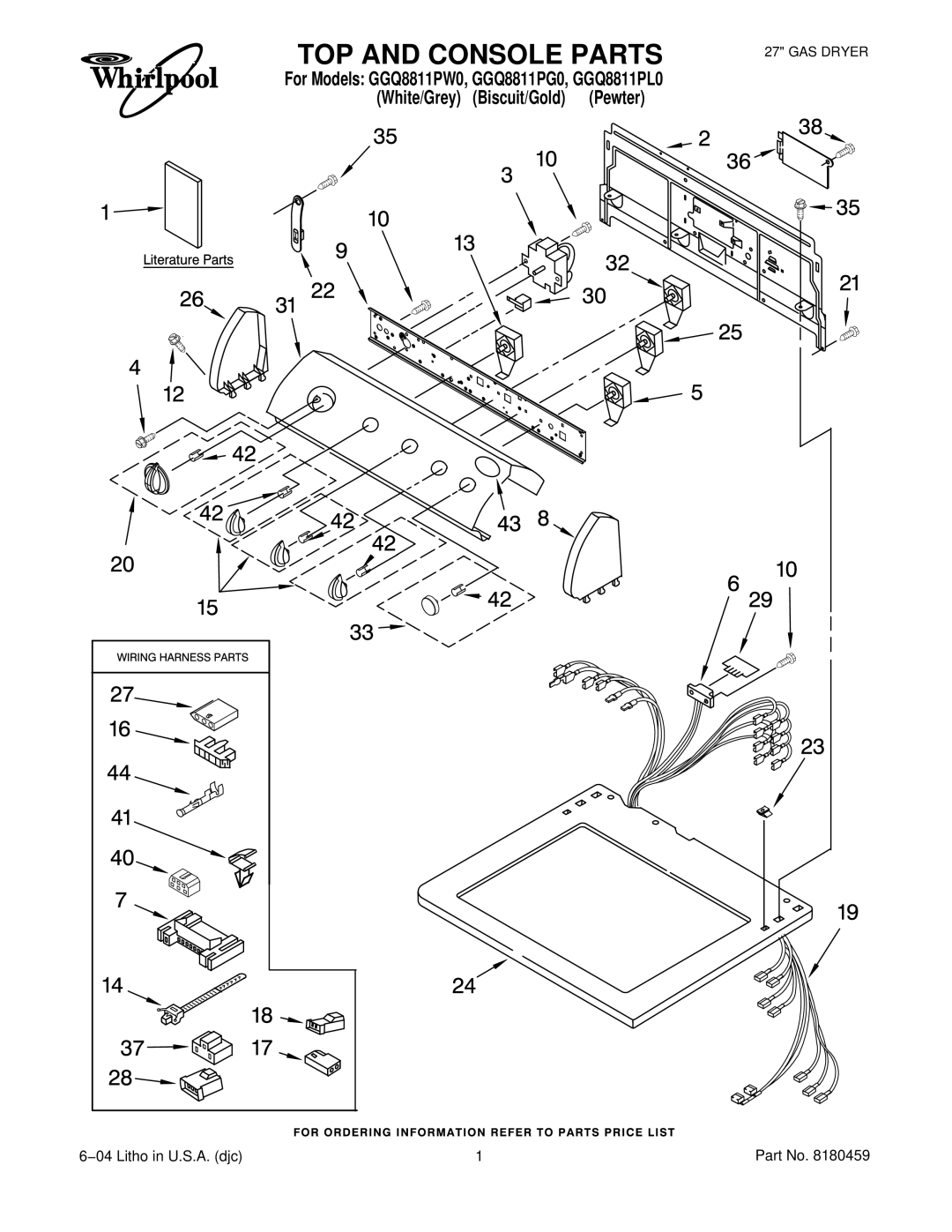 Whirlpool GGQ8811PL0, GGQ8811PW0, GGQ8811PG0 manual TOP and Console Parts 