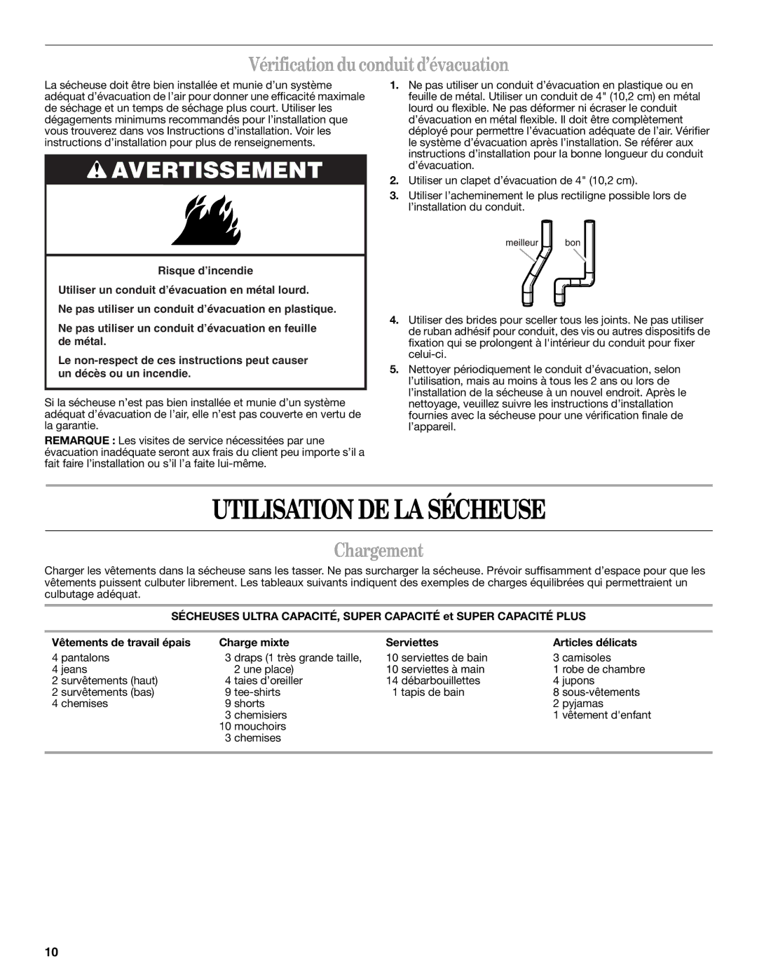 Whirlpool GGQ9800PB0 warranty Utilisation DE LA Sécheuse, Vérification du conduit d’évacuation, Chargement 