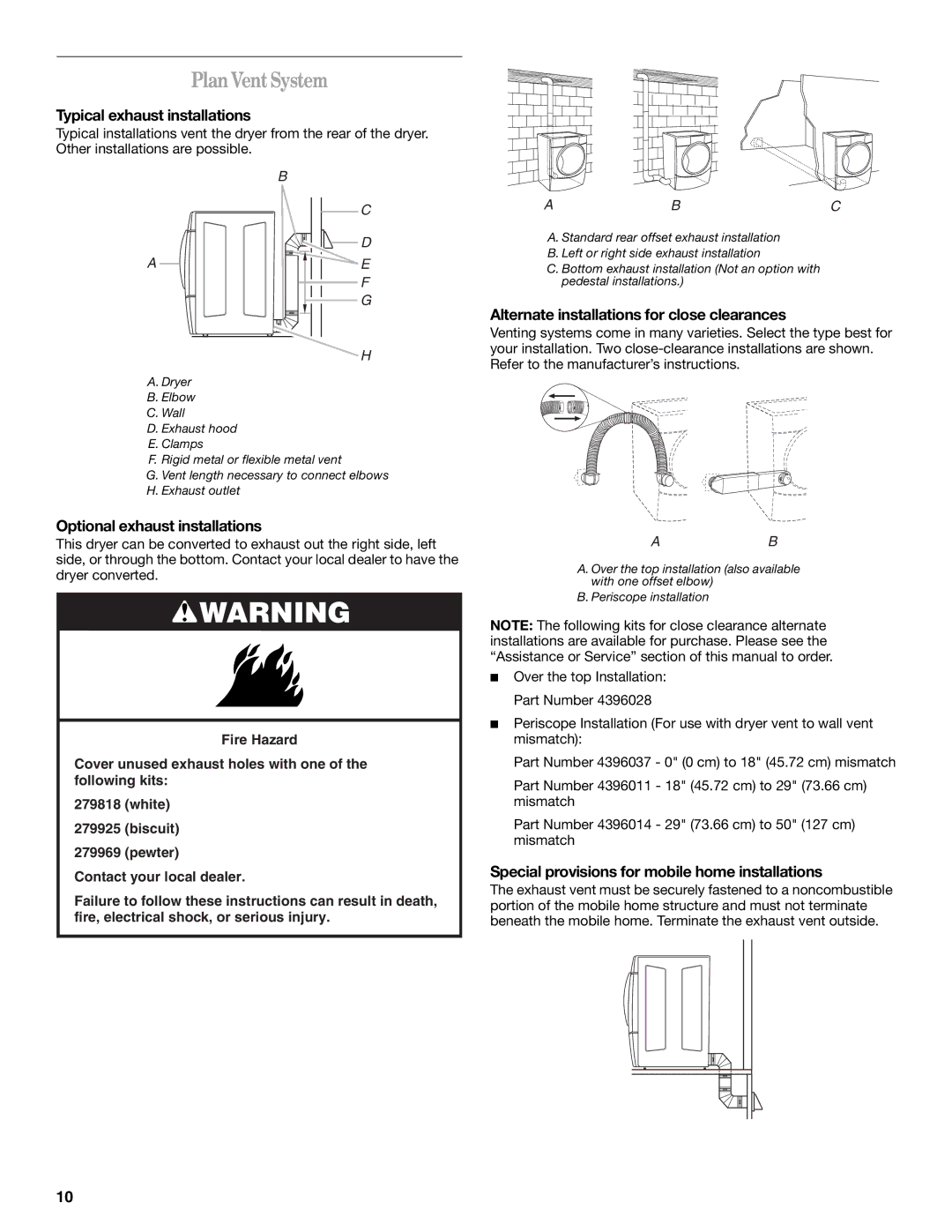 Whirlpool GGW9260 manual Plan VentSystem, Typical exhaust installations, Optional exhaust installations 