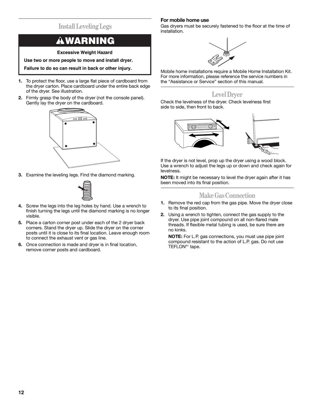 Whirlpool GGW9260 manual Install LevelingLegs, LevelDryer, MakeGasConnection, For mobile home use 