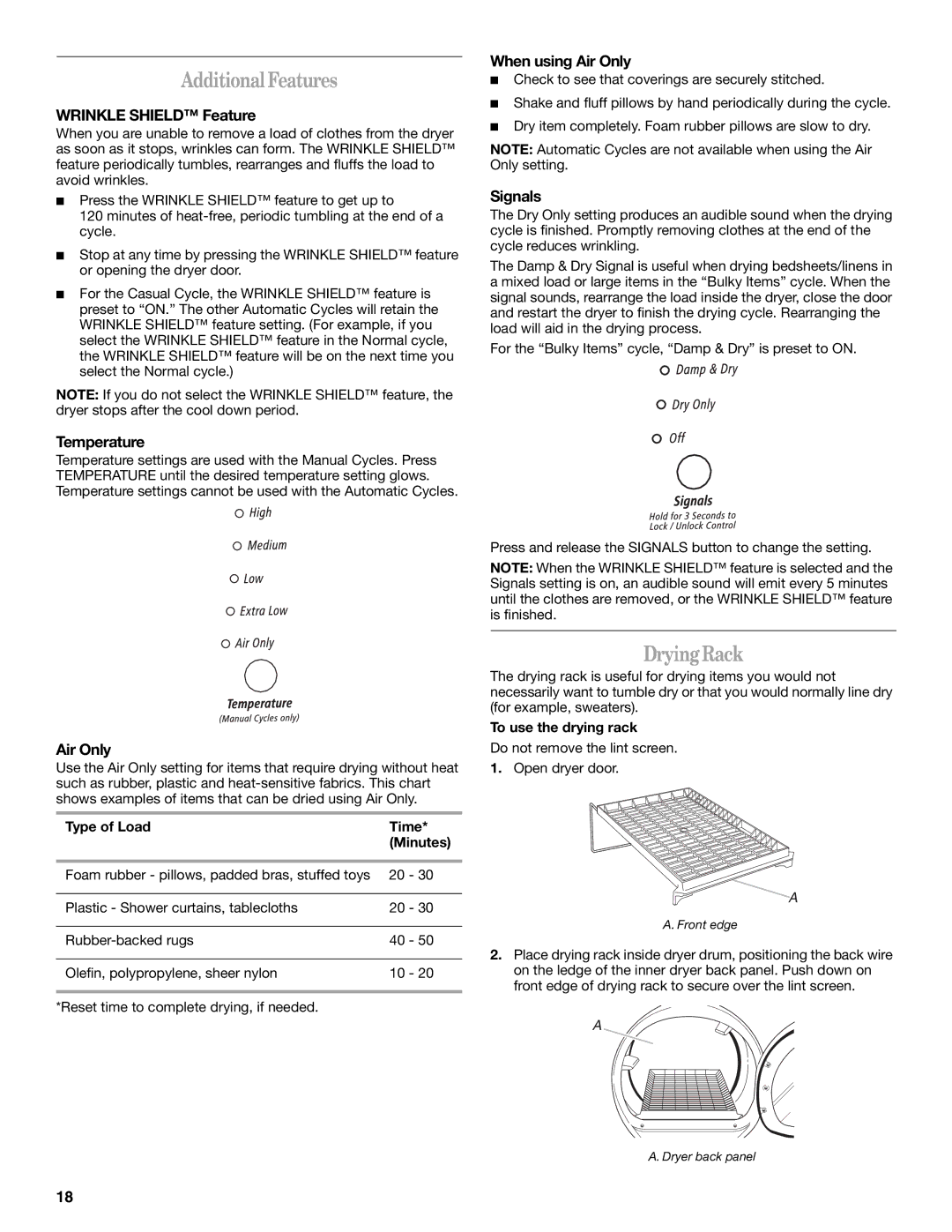 Whirlpool GGW9260 manual AdditionalFeatures, DryingRack 