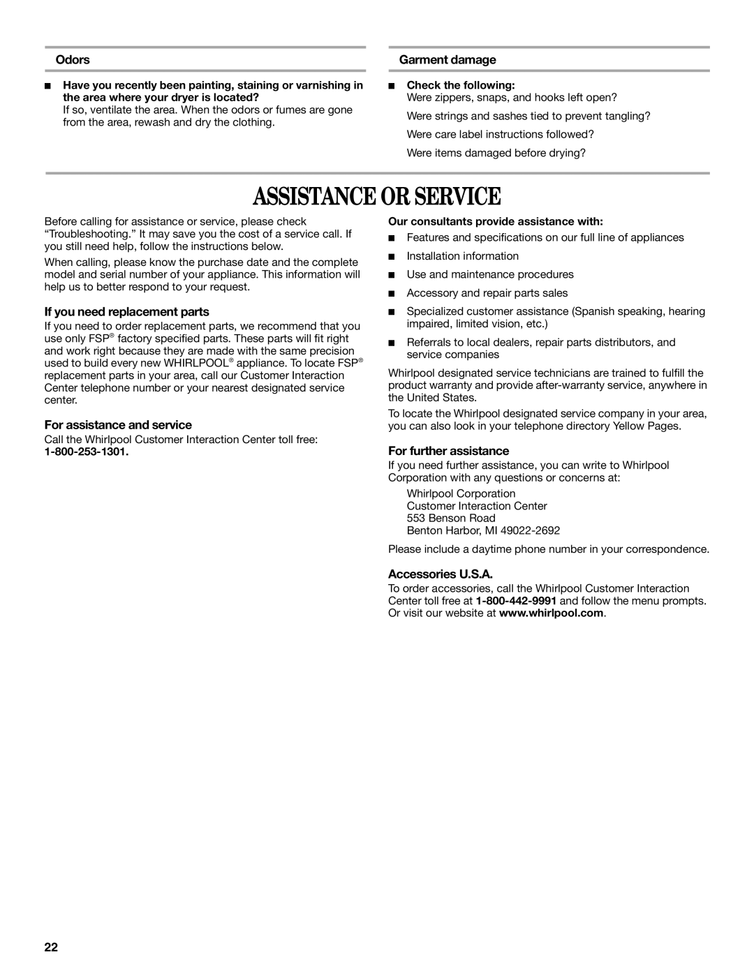 Whirlpool GGW9260 manual Assistance or Service 