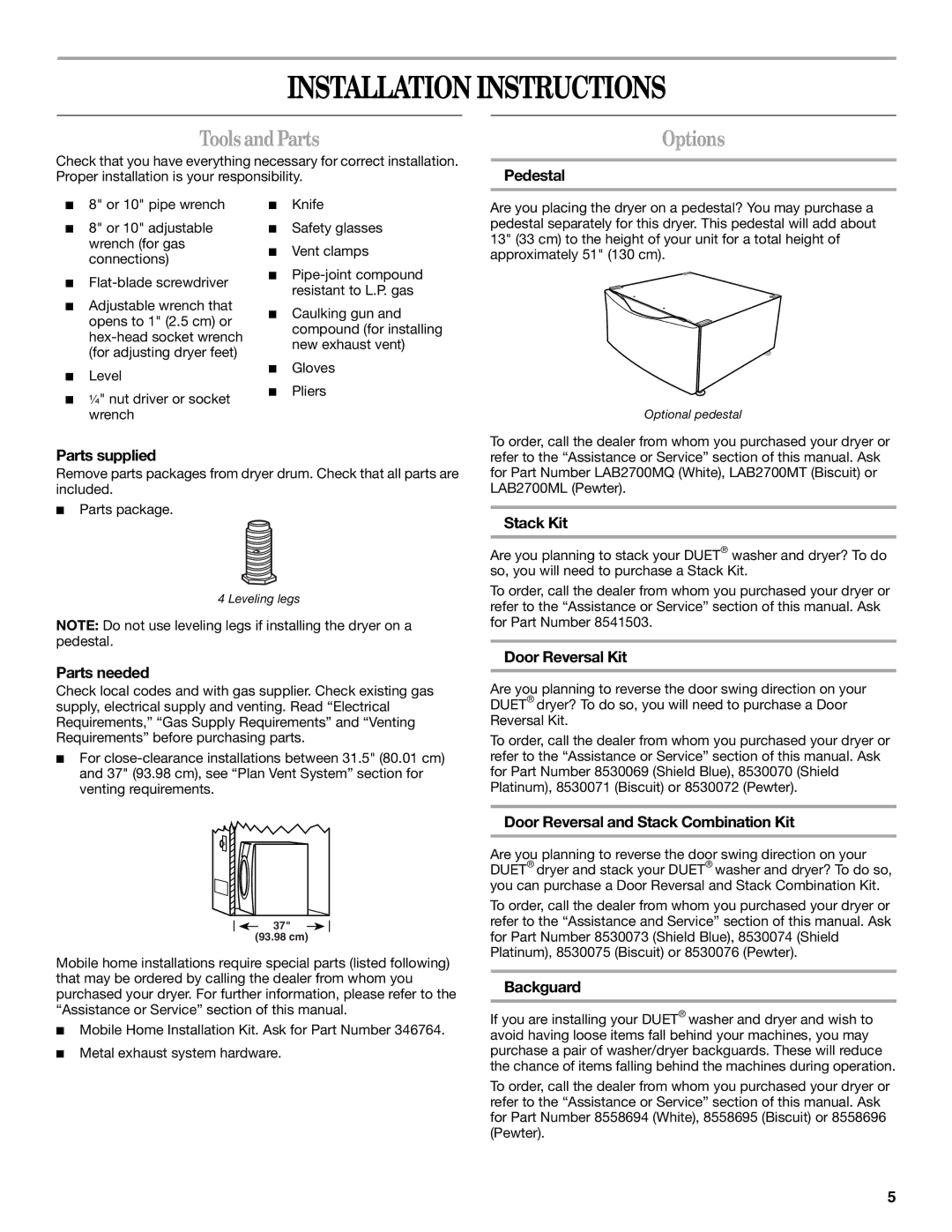 Whirlpool GGW9260 manual Installation Instructions, ToolsandParts, Options 