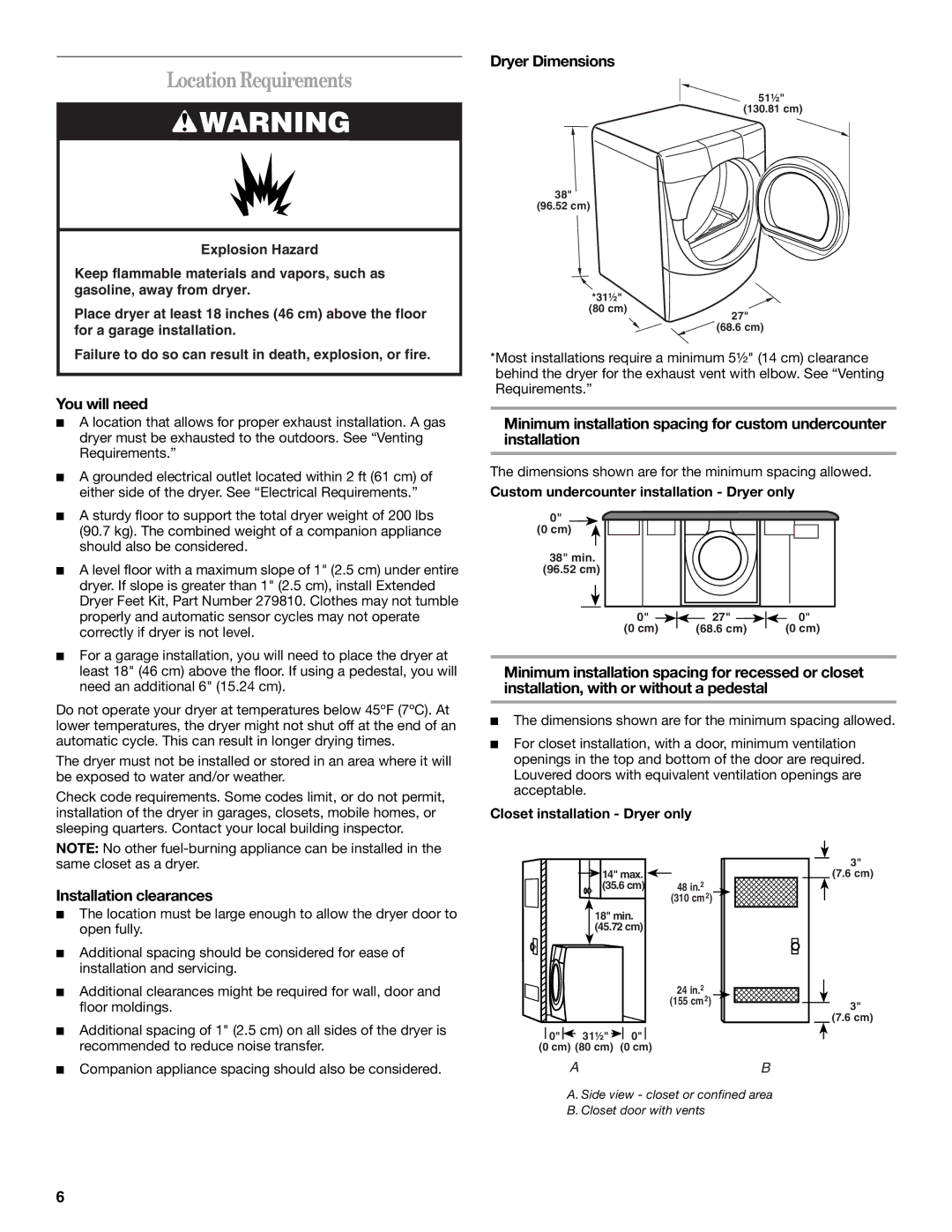 Whirlpool GGW9260 manual LocationRequirements, You will need, Installation clearances, Dryer Dimensions 