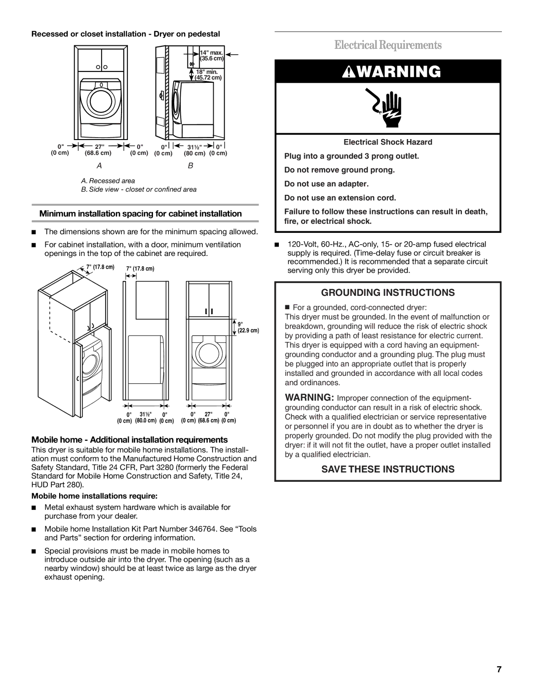 Whirlpool GGW9260 manual Electrical Requirements, Minimum installation spacing for cabinet installation 