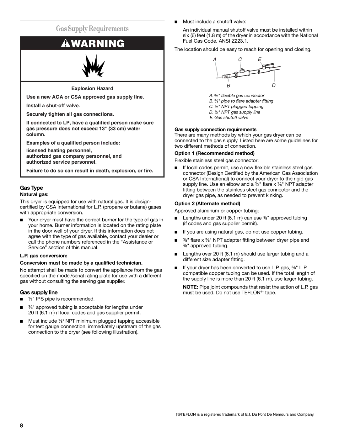 Whirlpool GGW9260 manual Gas SupplyRequirements, Gas Type, Gas supply line 