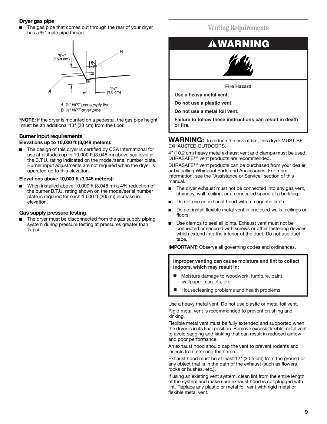 Whirlpool GGW9260 manual VentingRequirements, Dryer gas pipe, Burner input requirements, Gas supply pressure testing 