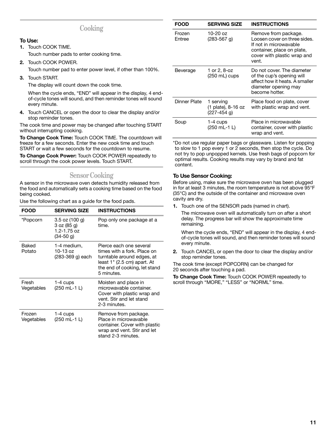 Whirlpool GH4155XP manual To Use Sensor Cooking, Food Serving Size Instructions 