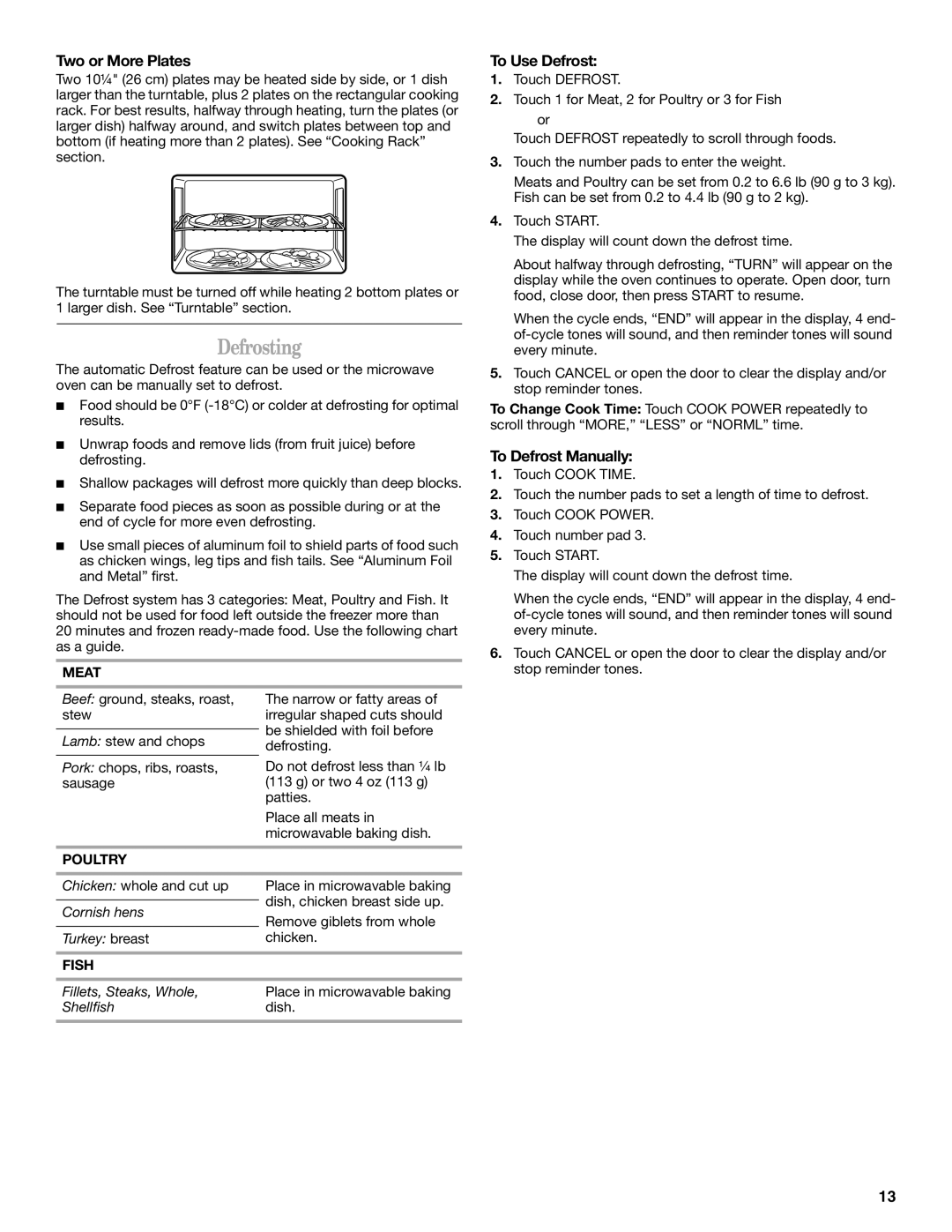 Whirlpool GH4155XP manual Defrosting, Two or More Plates, To Use Defrost, To Defrost Manually 