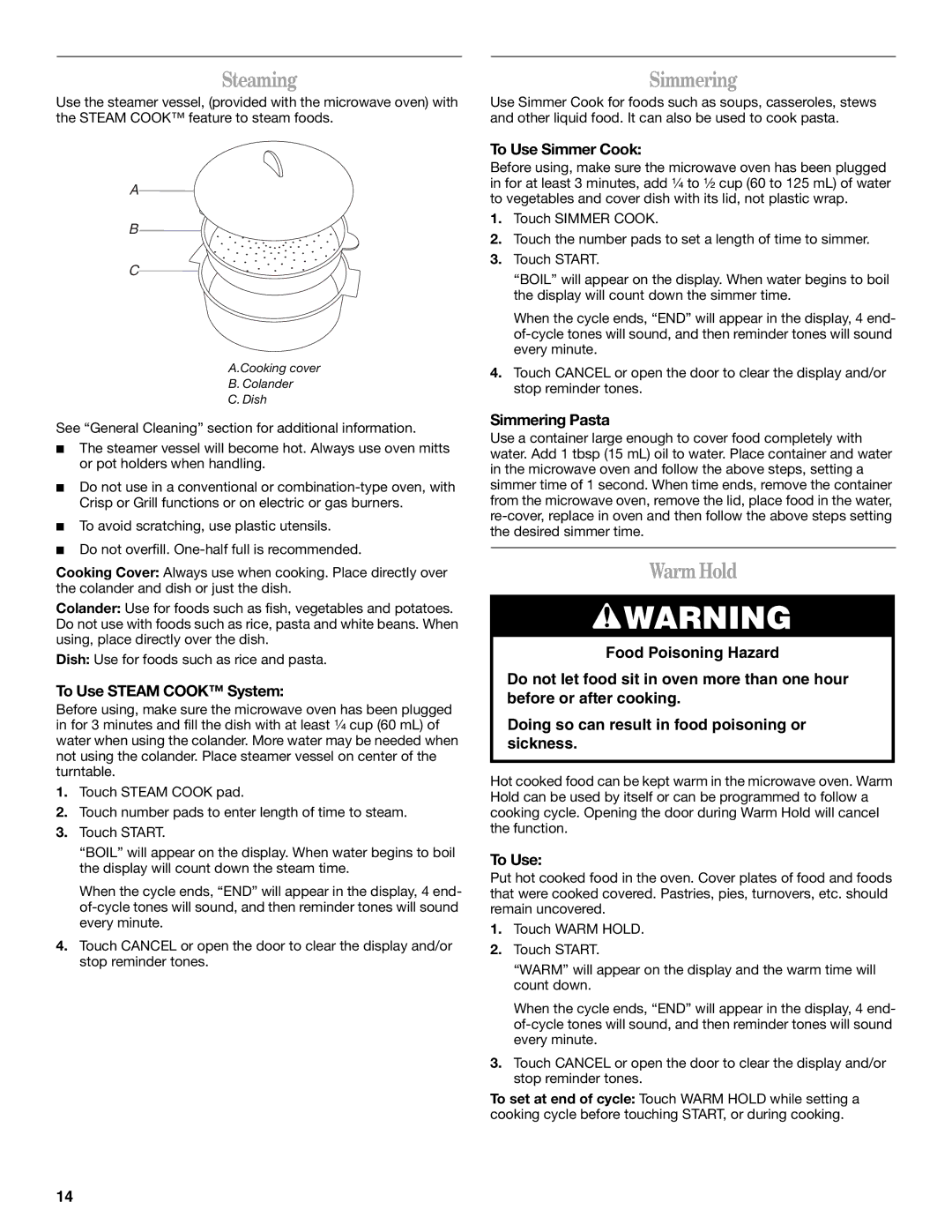 Whirlpool GH4155XP manual Steaming, Simmering, Warm Hold 