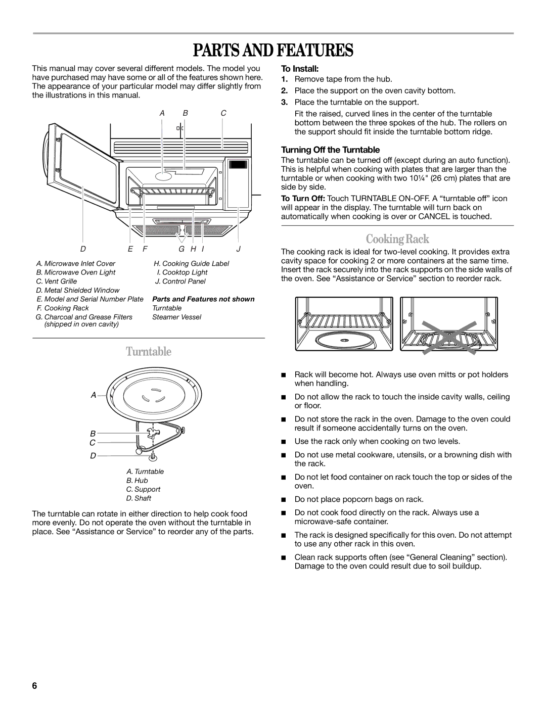 Whirlpool GH4155XP manual Parts and Features, Cooking Rack, To Install, Turning Off the Turntable 