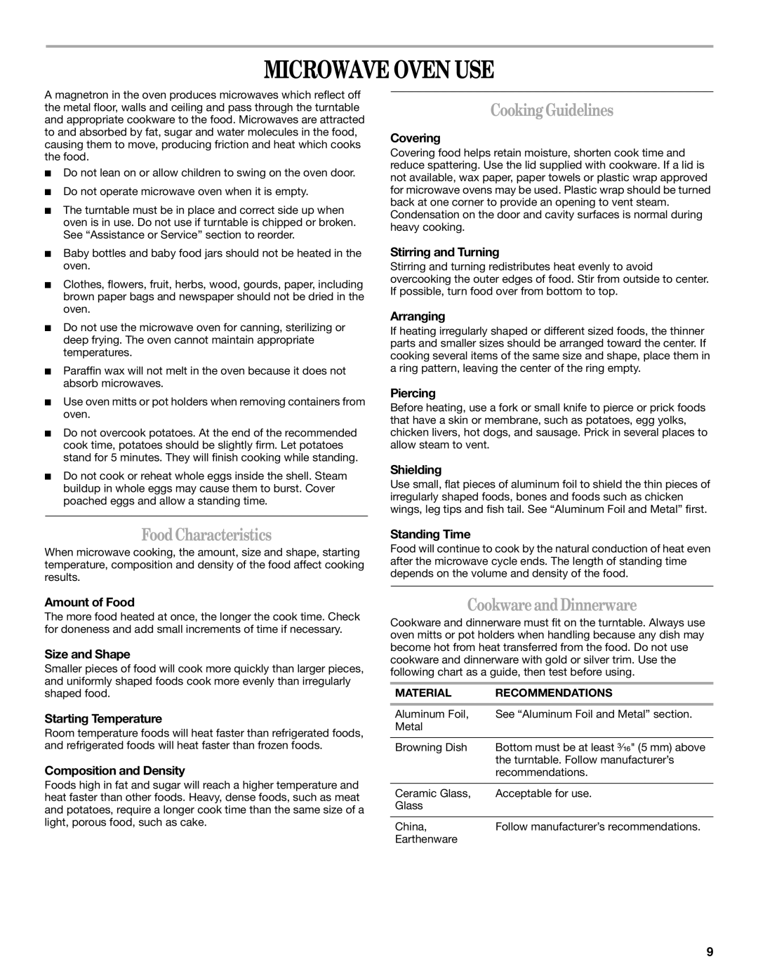 Whirlpool GH4155XP manual Microwave Oven USE, Cooking Guidelines, Food Characteristics, Cookware and Dinnerware 