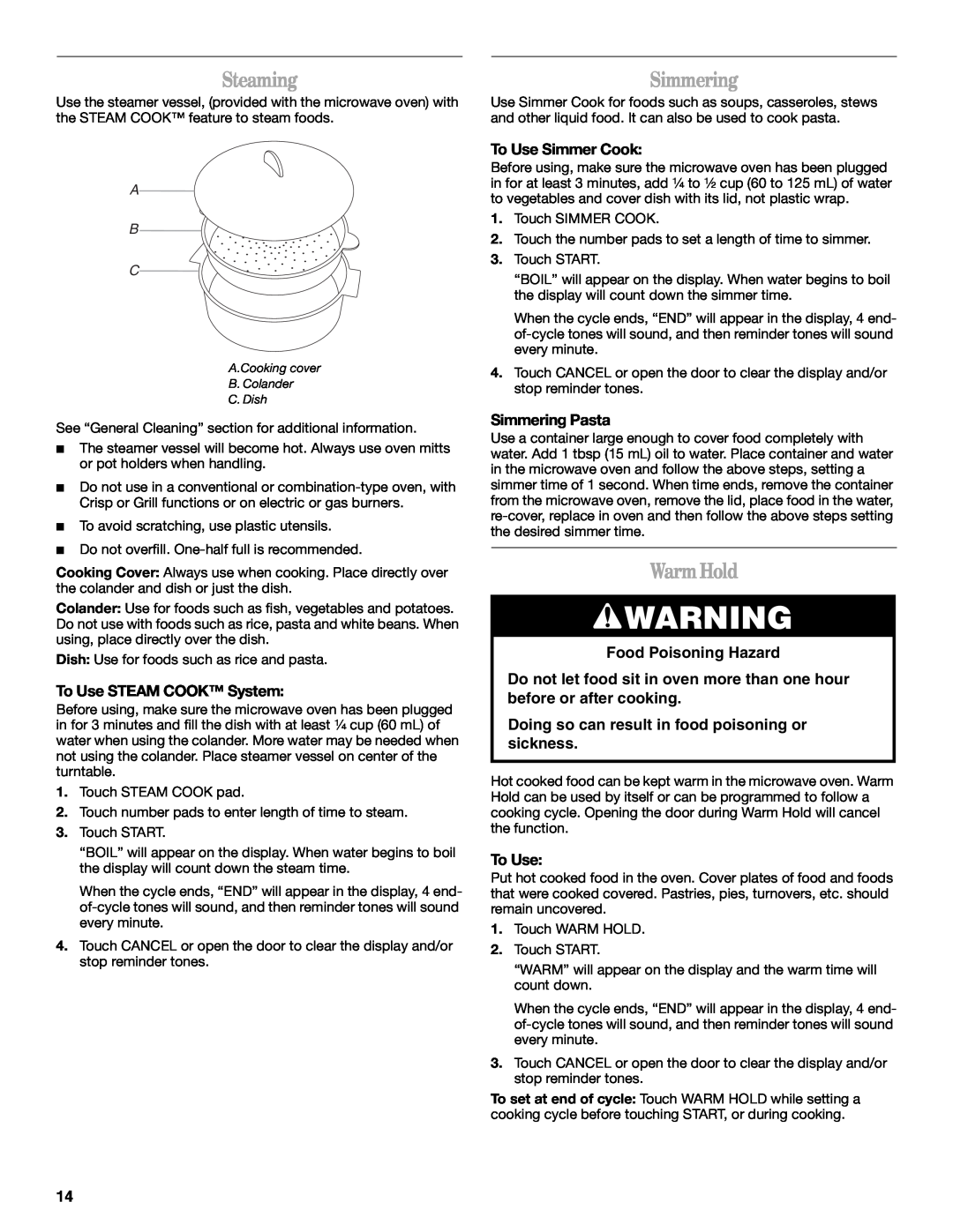 Whirlpool GH4155XP manual Steaming, Simmering, Warm Hold, Food Poisoning Hazard, A B C 