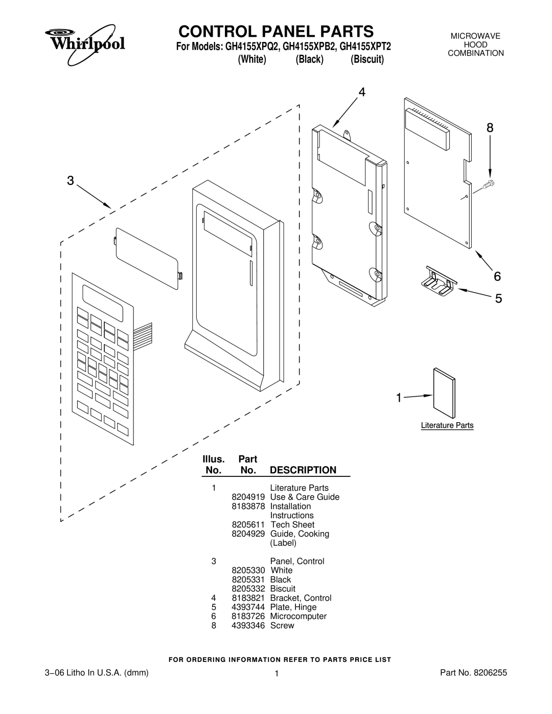 Whirlpool GH4155XPT2 installation instructions Control Panel Parts, White Black Biscuit, Illus. Part No. No. Description 