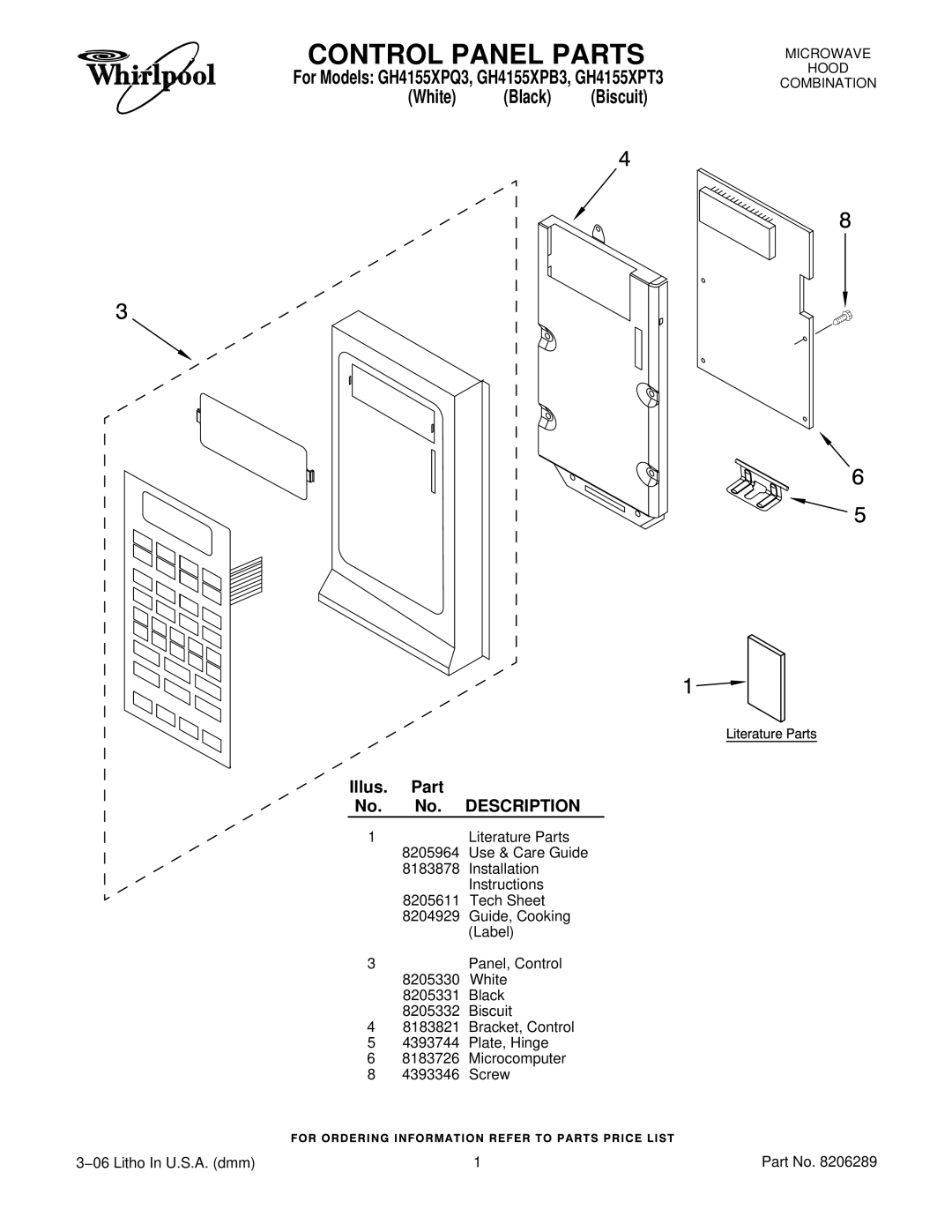 Whirlpool GH4155XPT3, GH4155XPQ3, GH4155XPB3 installation instructions Control Panel Parts, Illus. Part No. No. Description 