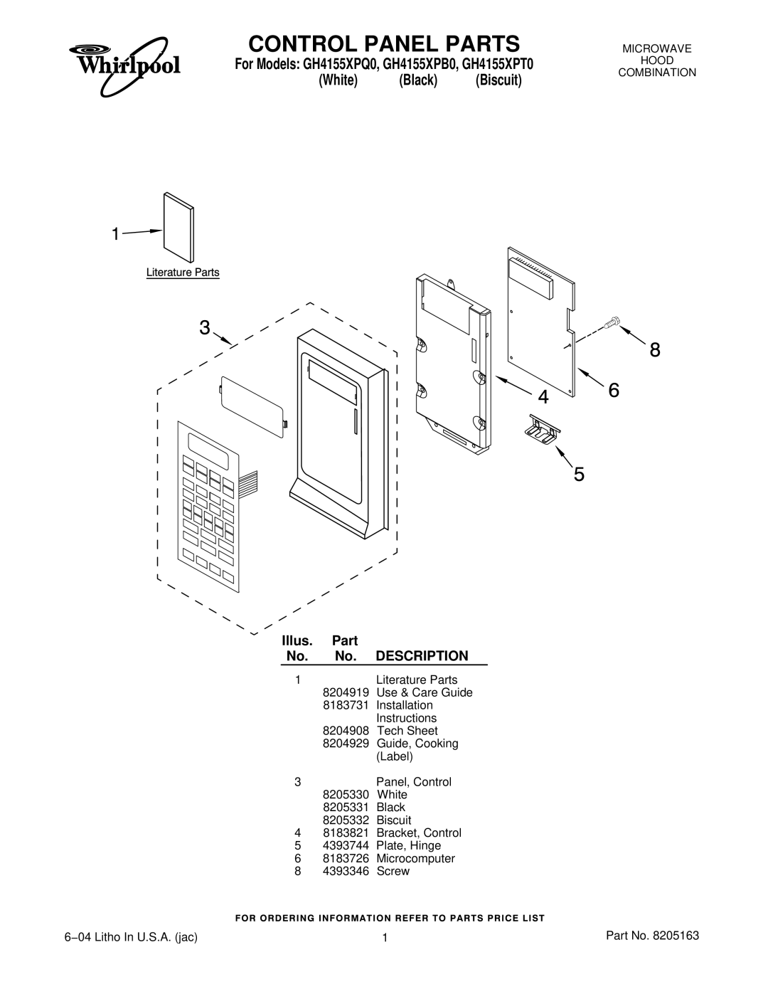 Whirlpool GH4155XPQ0, GH4155XPT0, GH4155XPB0 installation instructions Control Panel Parts, White Black Biscuit 