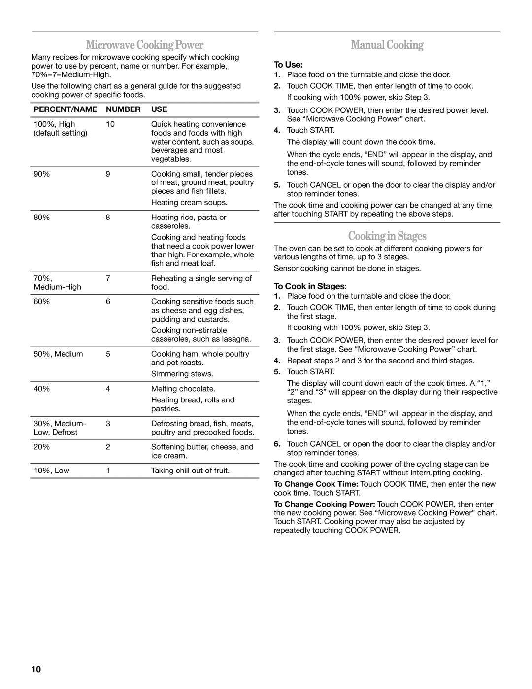 Whirlpool GH4184XS manual Microwave Cooking Power, Manual Cooking, Cooking in Stages, To Use, To Cook in Stages 