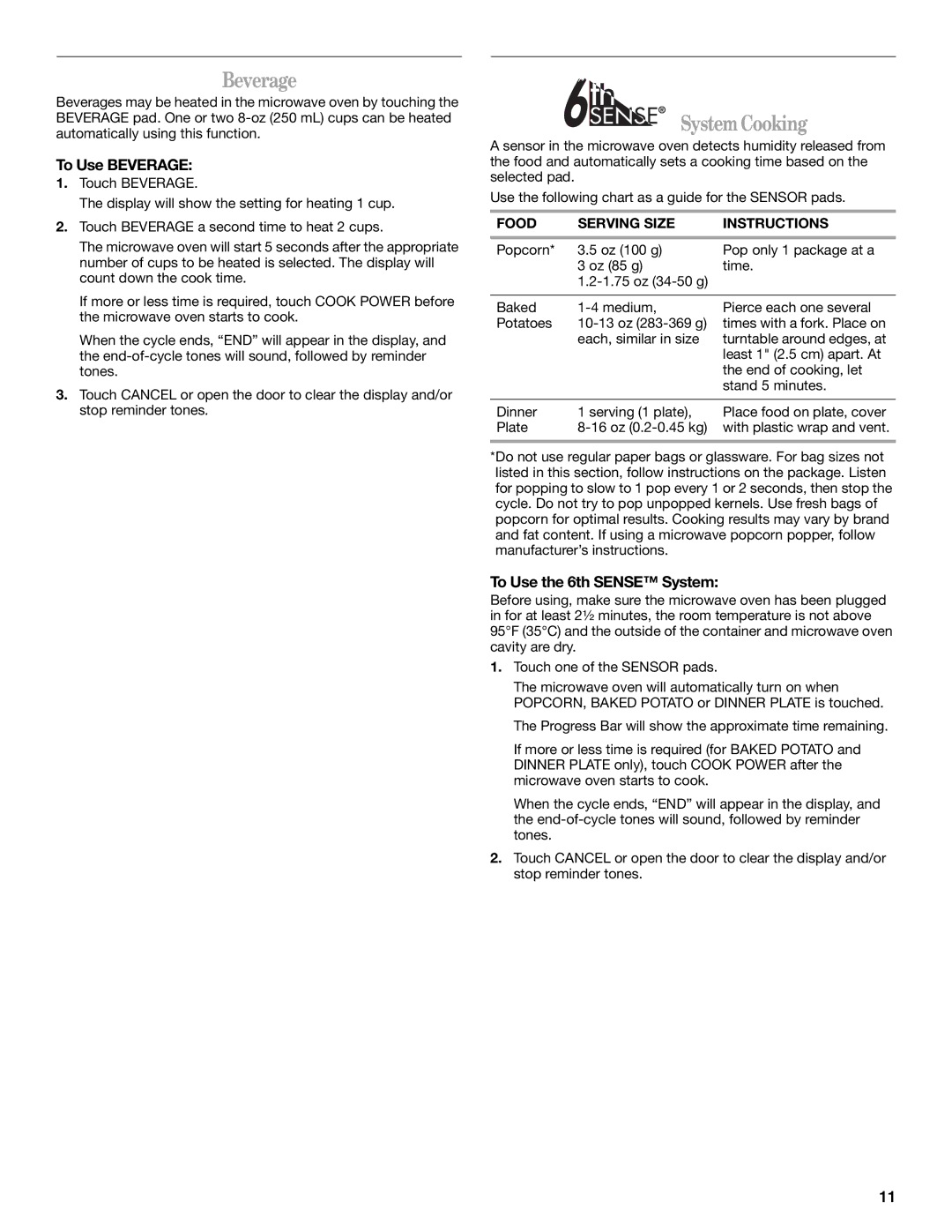 Whirlpool GH4184XS manual System Cooking, To Use Beverage, To Use the 6th Sense System, Food Serving Size Instructions 