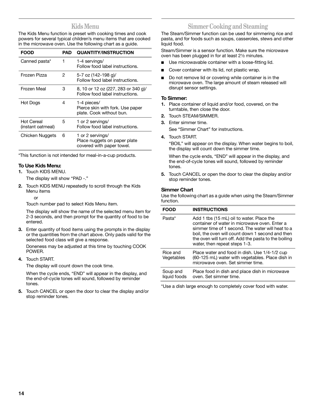 Whirlpool GH4184XS manual Simmer Cooking and Steaming, To Use Kids Menu, To Simmer, Simmer Chart 