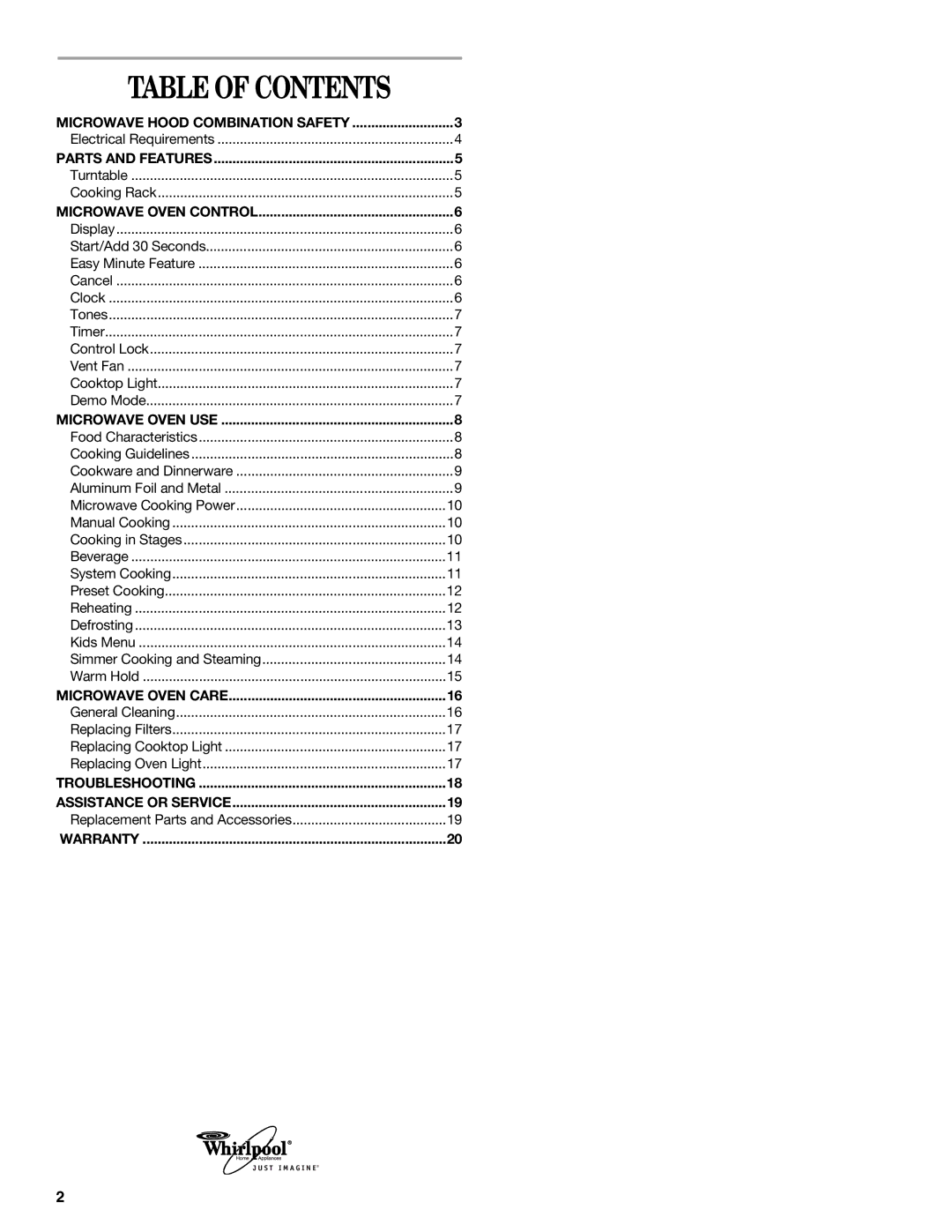 Whirlpool GH4184XS manual Table of Contents 