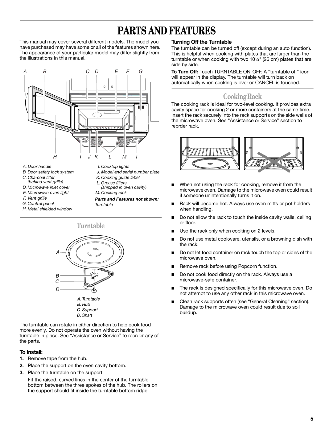 Whirlpool GH4184XS manual Parts and Features, Cooking Rack, Turning Off the Turntable, To Install 