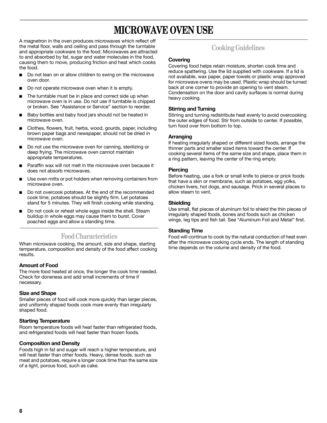 Whirlpool GH4184XS manual Microwave Oven USE, Cooking Guidelines, Food Characteristics 