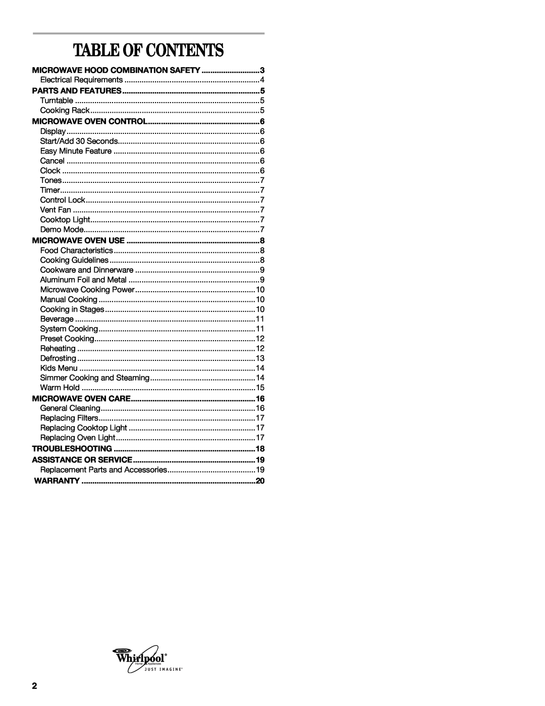 Whirlpool GH4184XS manual Table Of Contents 
