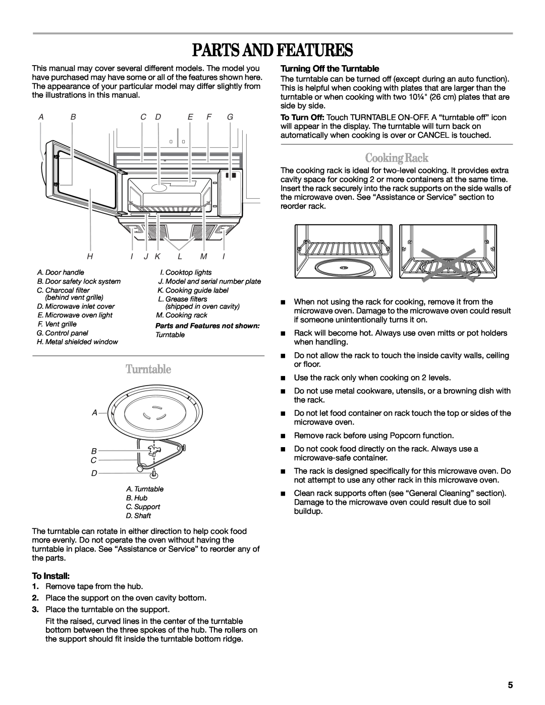 Whirlpool GH4184XS manual Parts And Features, Cooking Rack, Turntable, A Bc D E F G, A B C D 