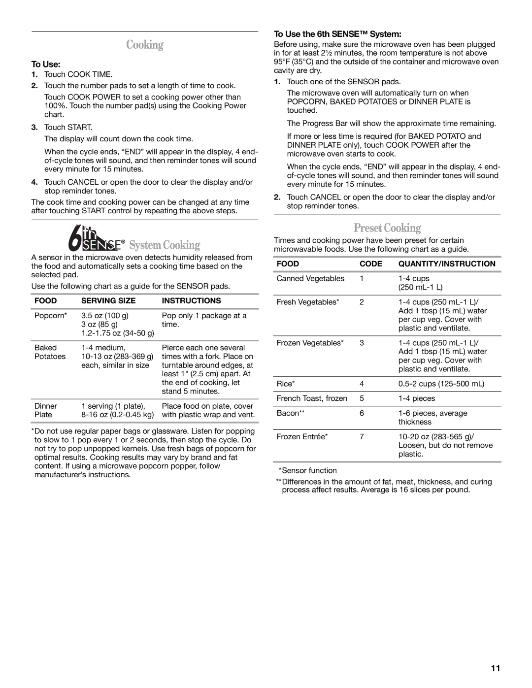 Whirlpool GH5176XP manual System Cooking, Preset Cooking, To Use the 6th Sense System 