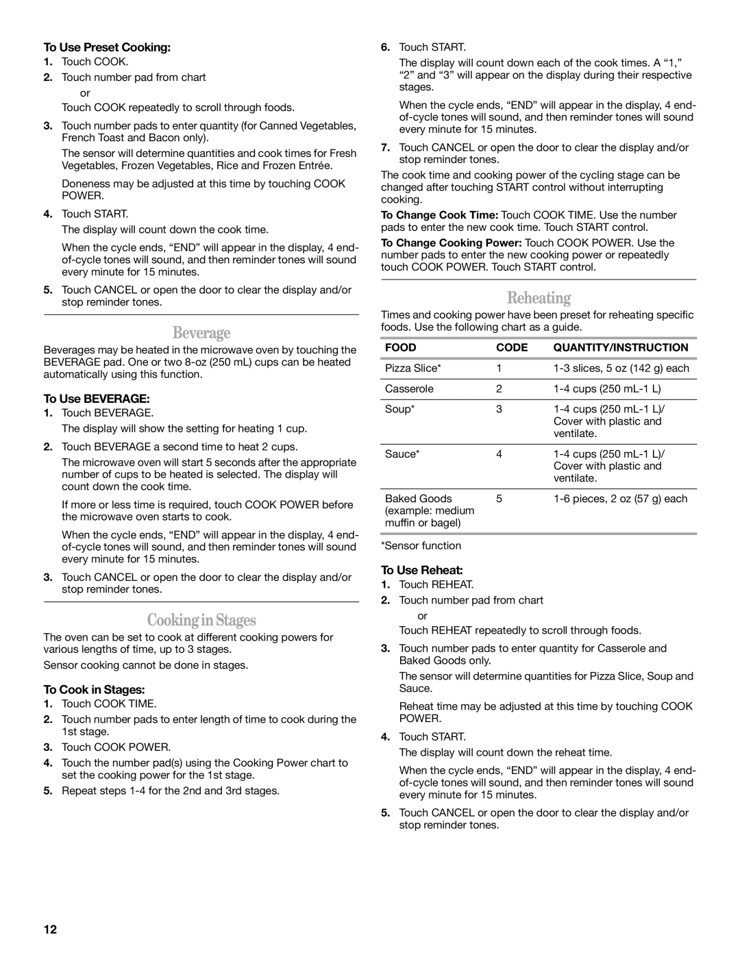 Whirlpool GH5176XP manual Beverage, Cooking in Stages, Reheating 