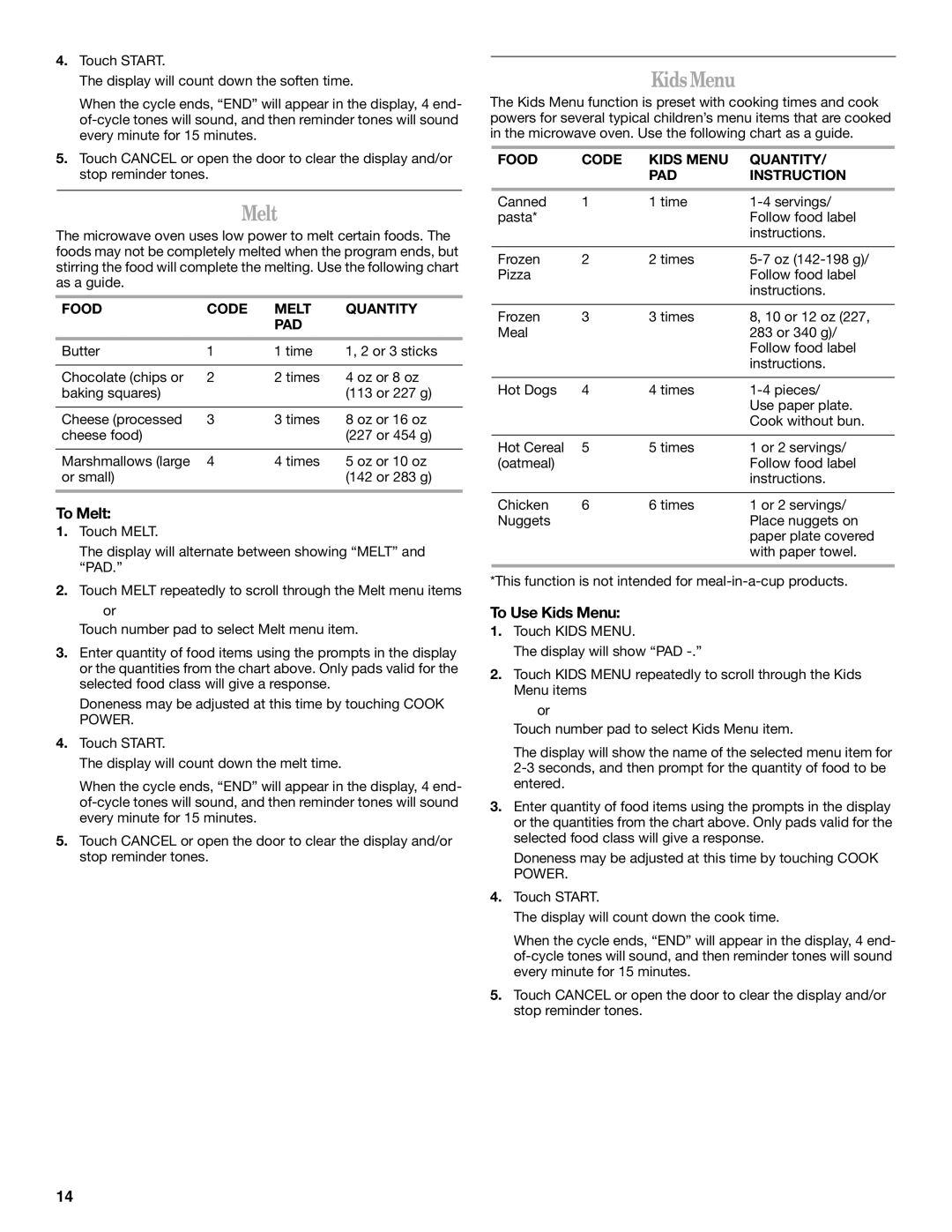 Whirlpool GH5176XP manual To Melt, To Use Kids Menu 