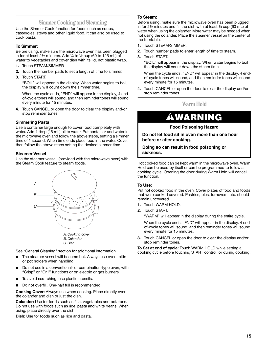 Whirlpool GH5176XP manual Simmer Cooking and Steaming, Warm Hold 