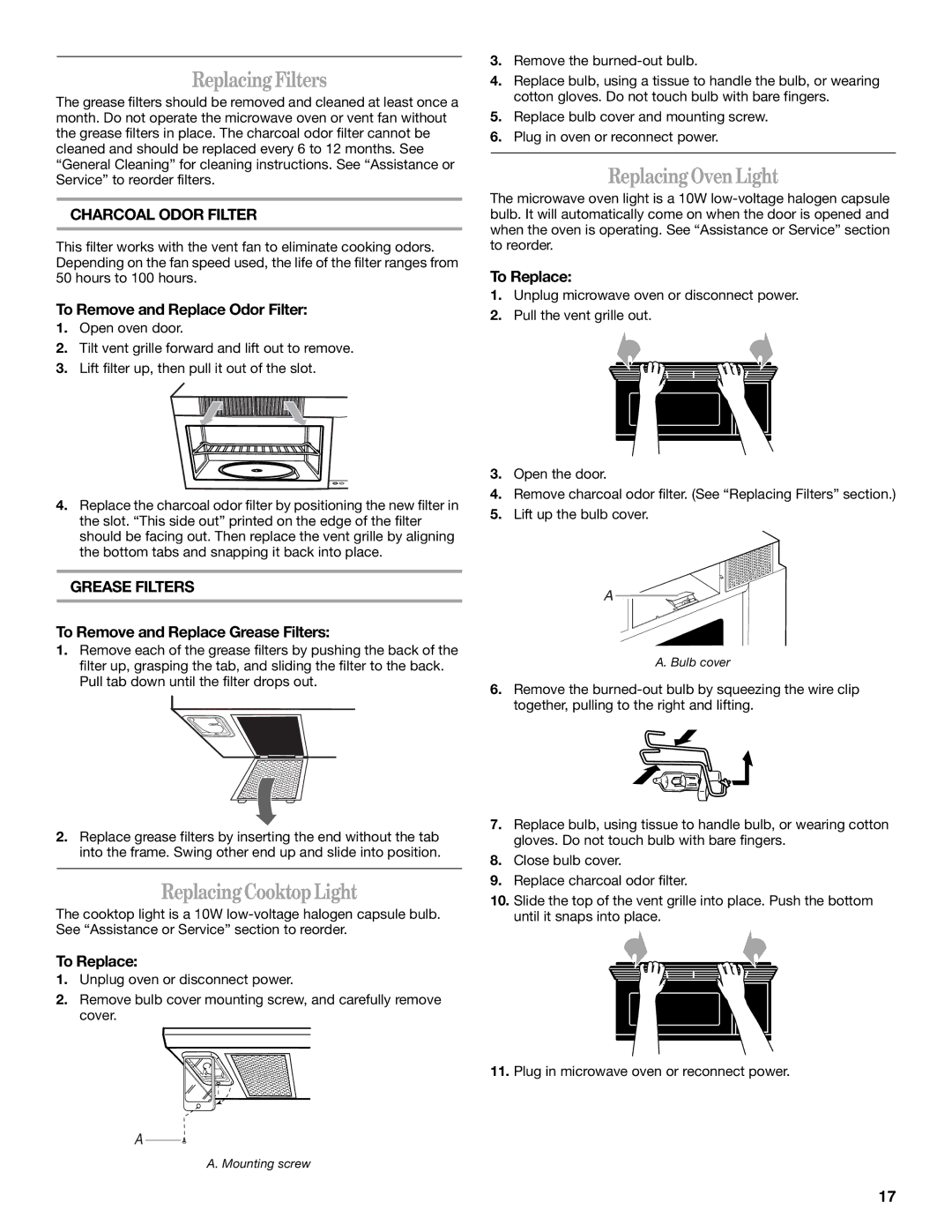 Whirlpool GH5176XP manual Replacing Filters, Replacing Cooktop Light, Replacing Oven Light 